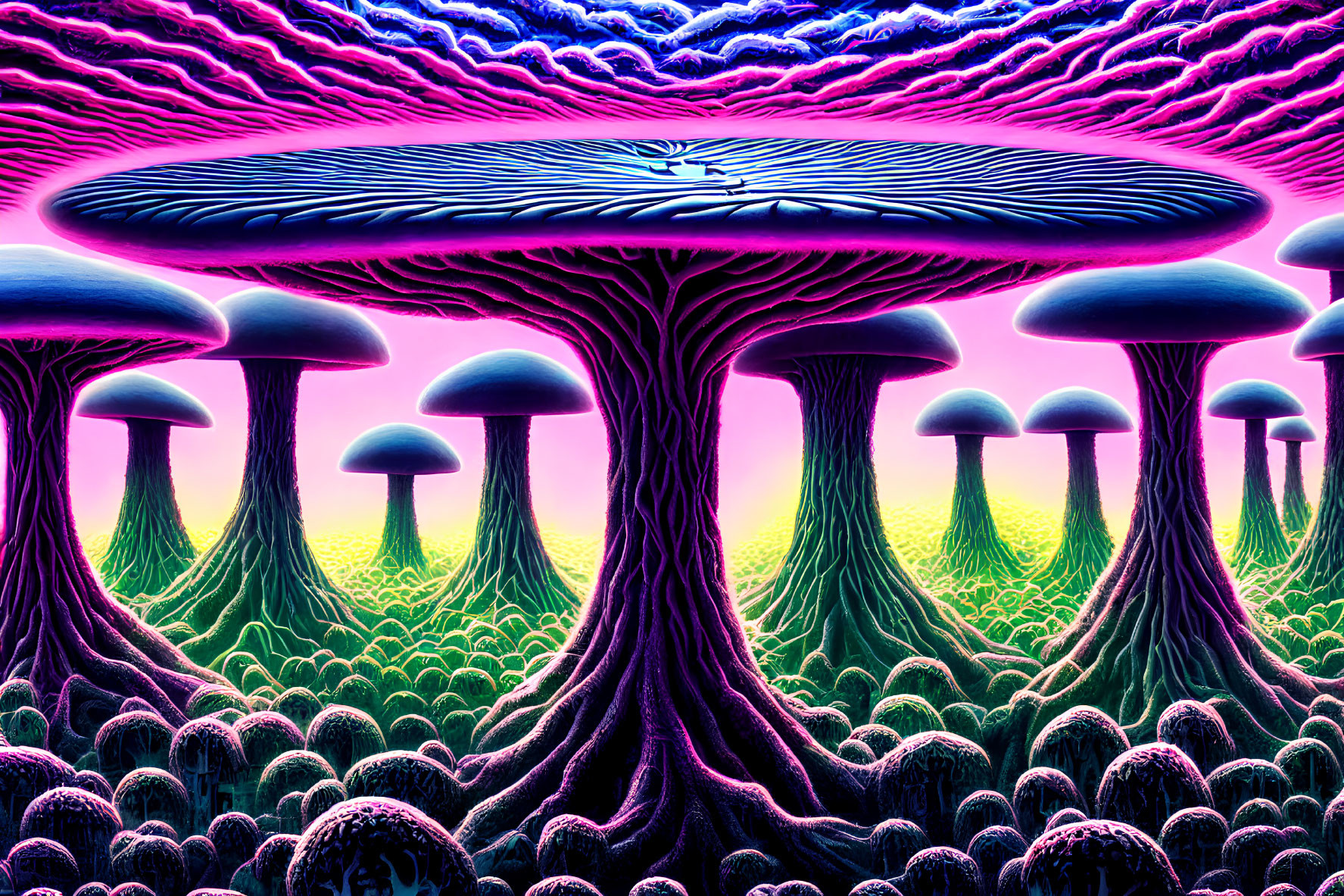 Vibrant surreal landscape with towering mushroom trees under pink and blue sky