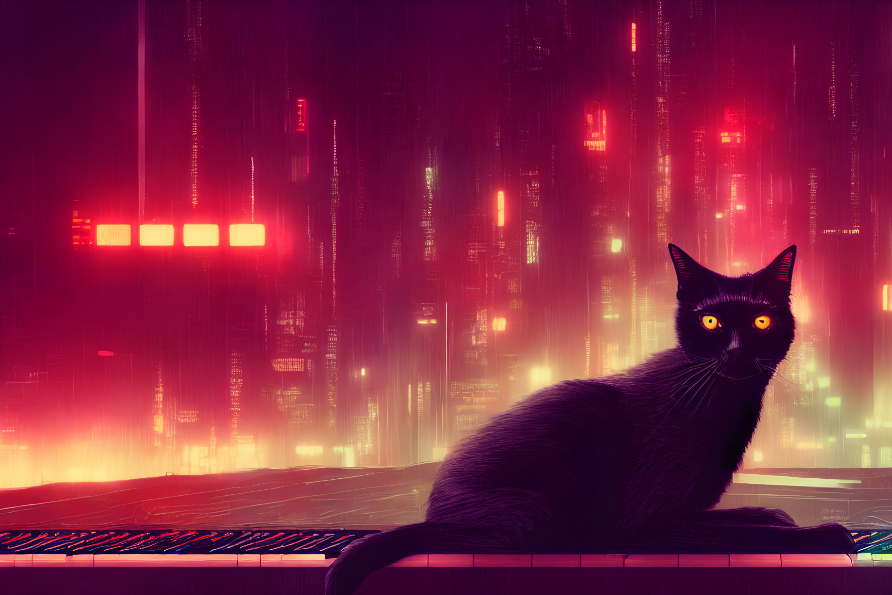 Black Cat with Yellow Eyes in Front of Neon-Lit Futuristic Cityscape