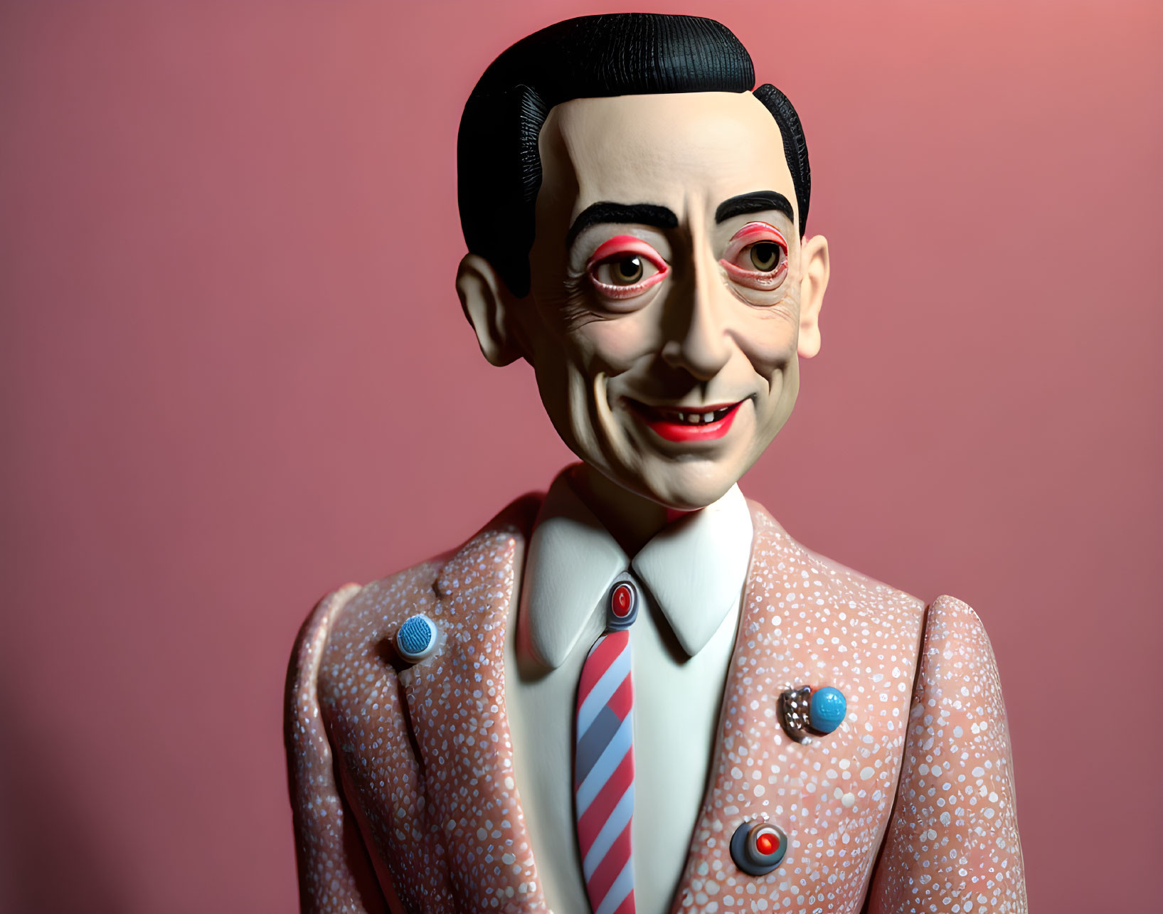 Stylized figure with large head and polka-dot suit on pink background