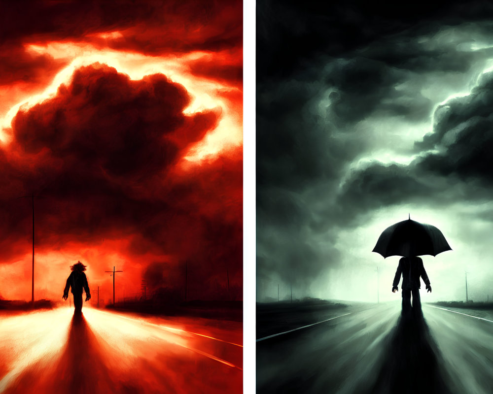 Person under fiery red sky vs. individual with umbrella under stormy gray sky