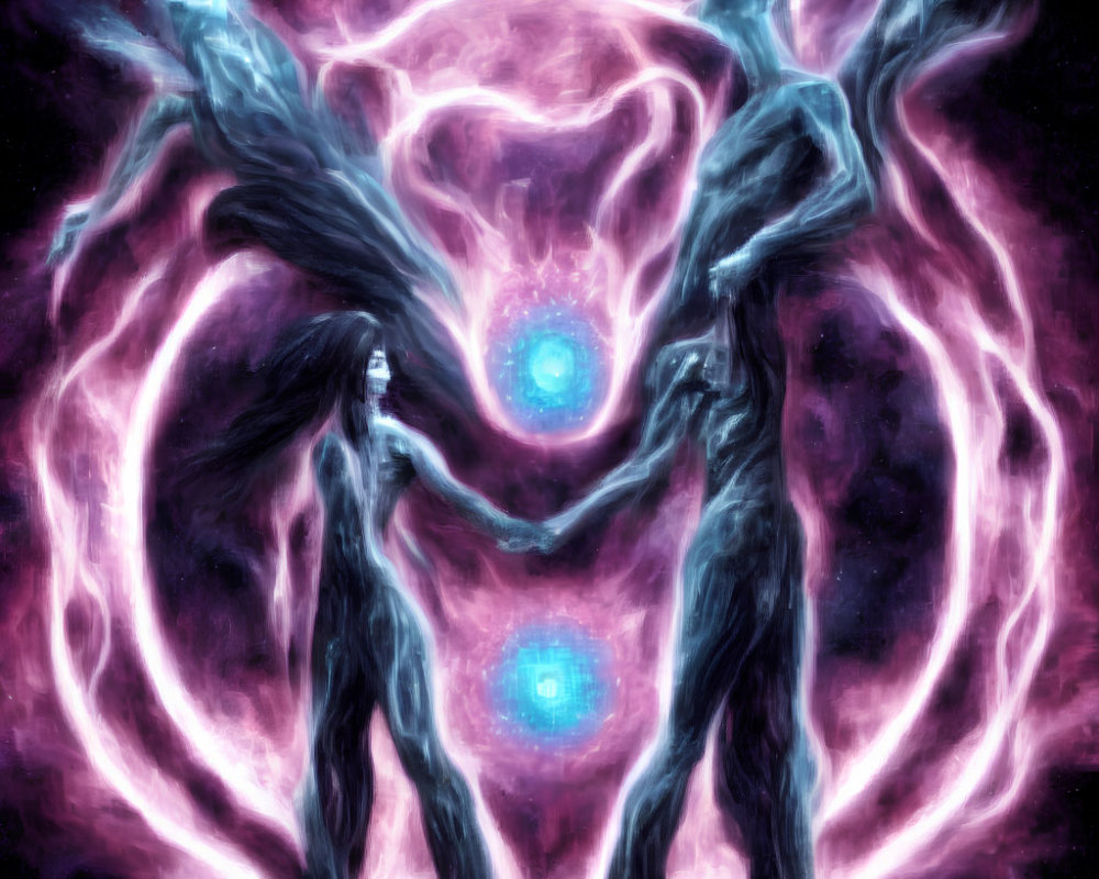 Symmetrical luminous beings in swirling pink and purple energy