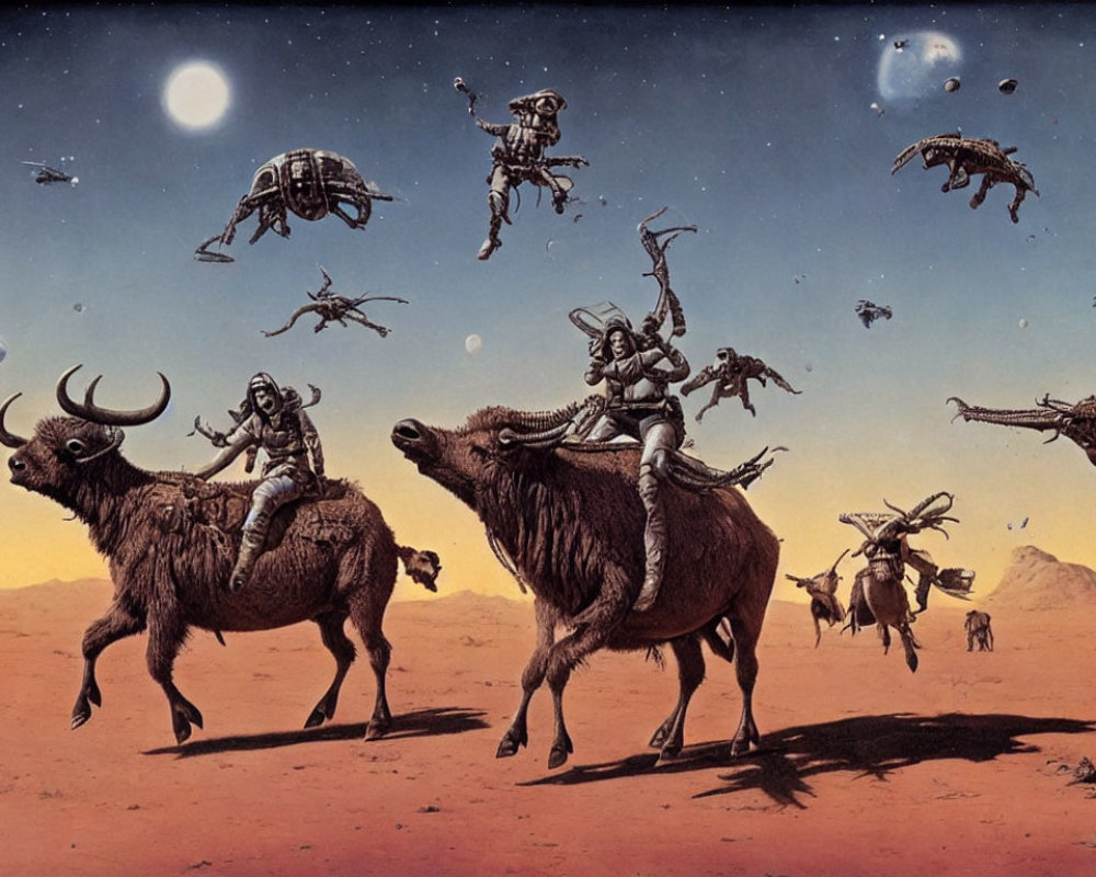 Sci-fi desert planet: Bison-like creatures, spaceships, moon