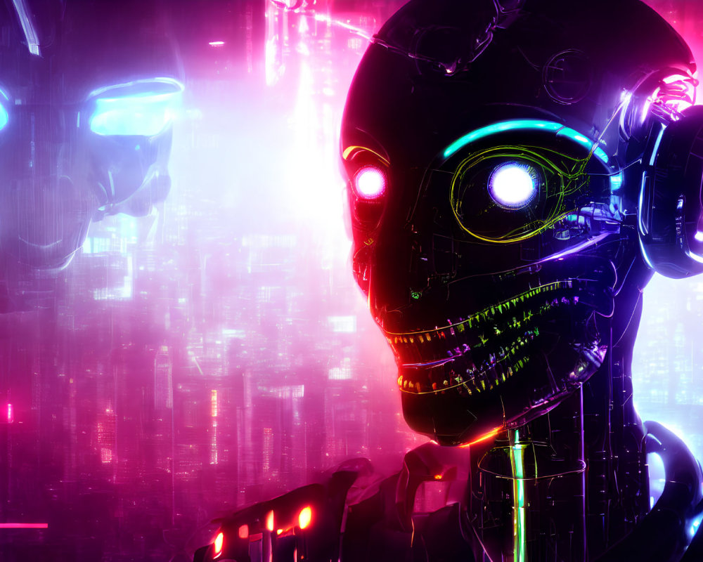 Futuristic digital artwork featuring stylized robotic faces on neon backdrop