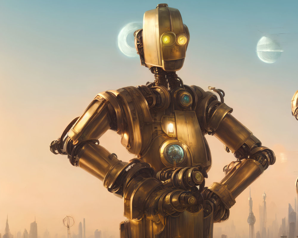 Sophisticated golden robot with blue eyes in futuristic cityscape