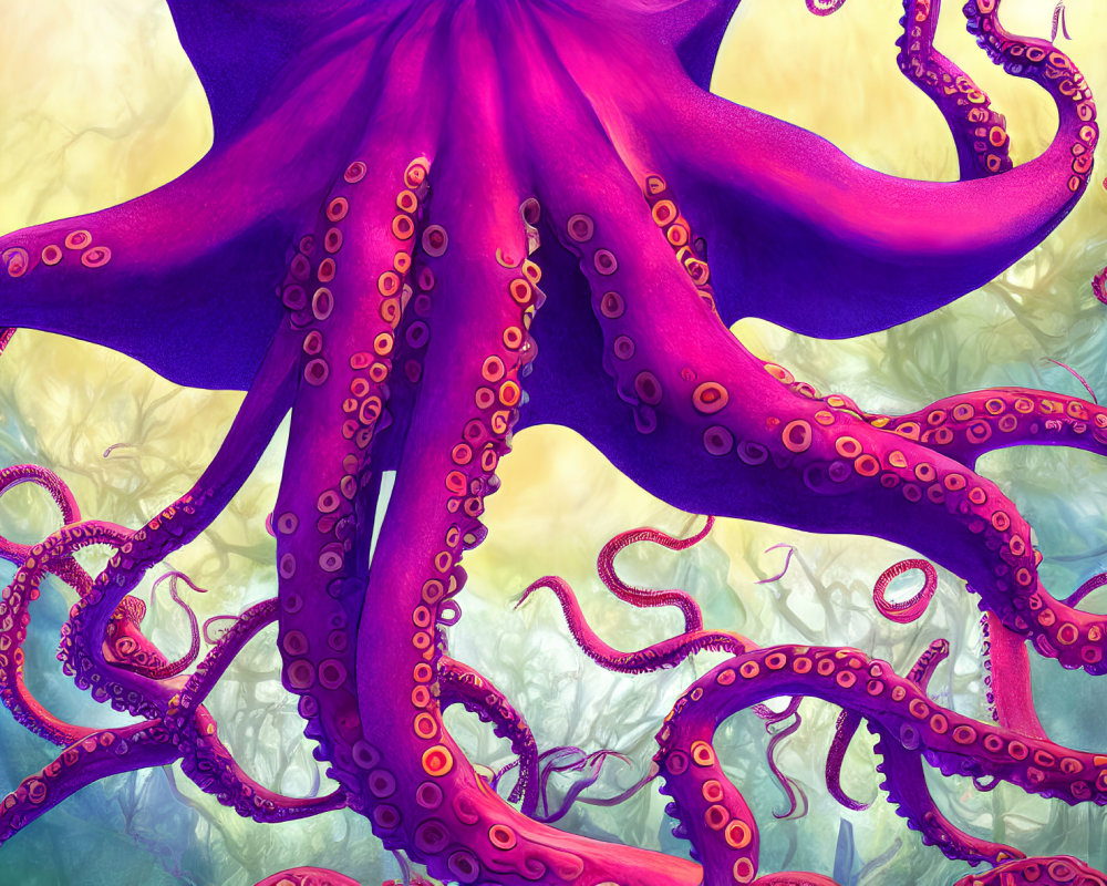 Colorful Purple Octopus Illustration with Extended Tentacles in Underwater Scene