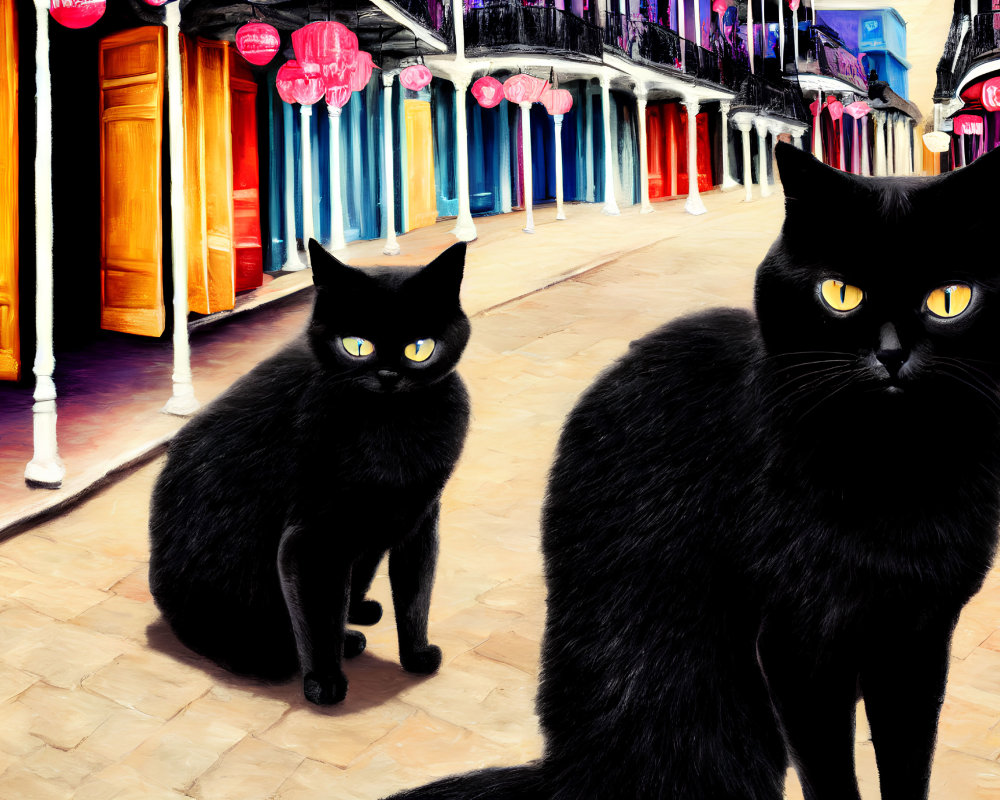 Two Black Cats with Striking Yellow Eyes in Vibrant Street Setting