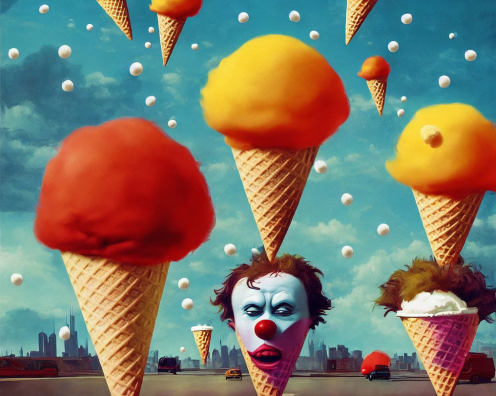 Surreal clown face on ice cream cone with floating cones, pearls, and cityscape