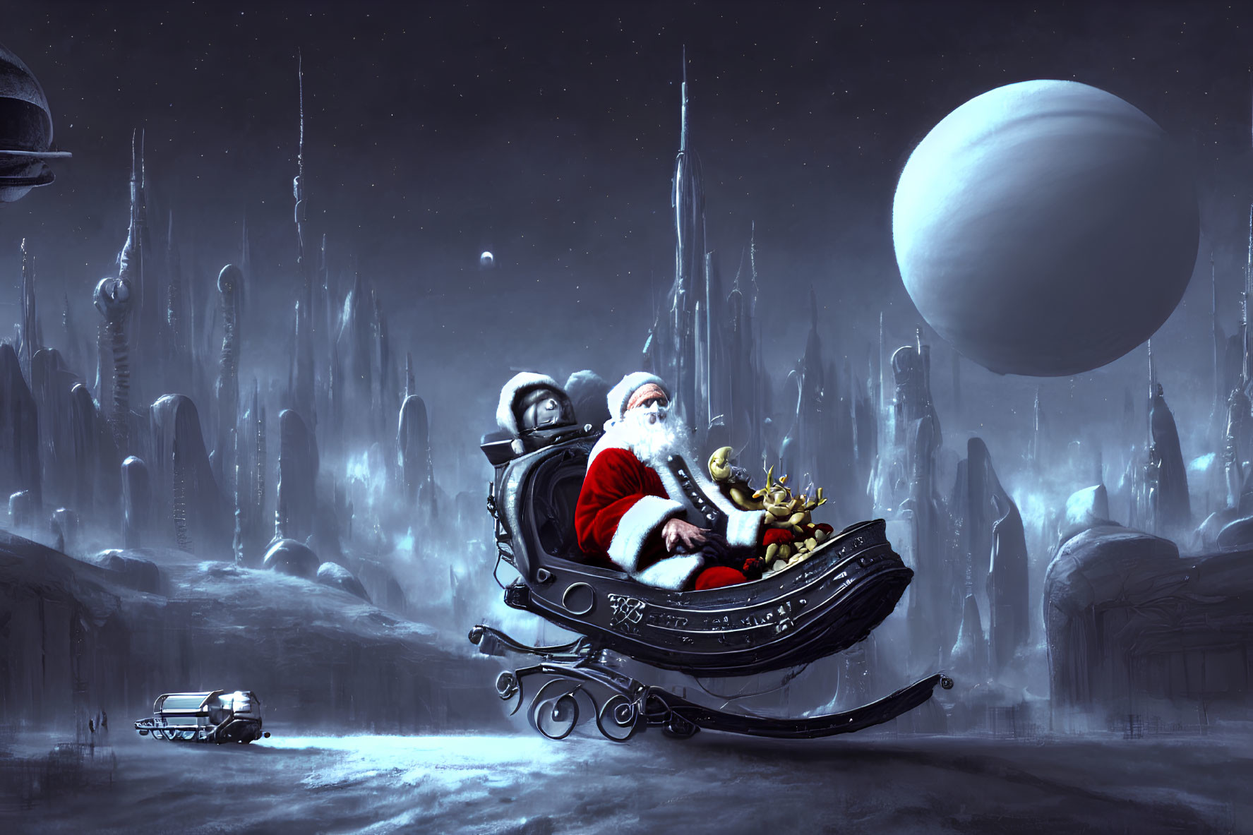 Futuristic Santa Claus with robot reindeer in sci-fi icy landscape