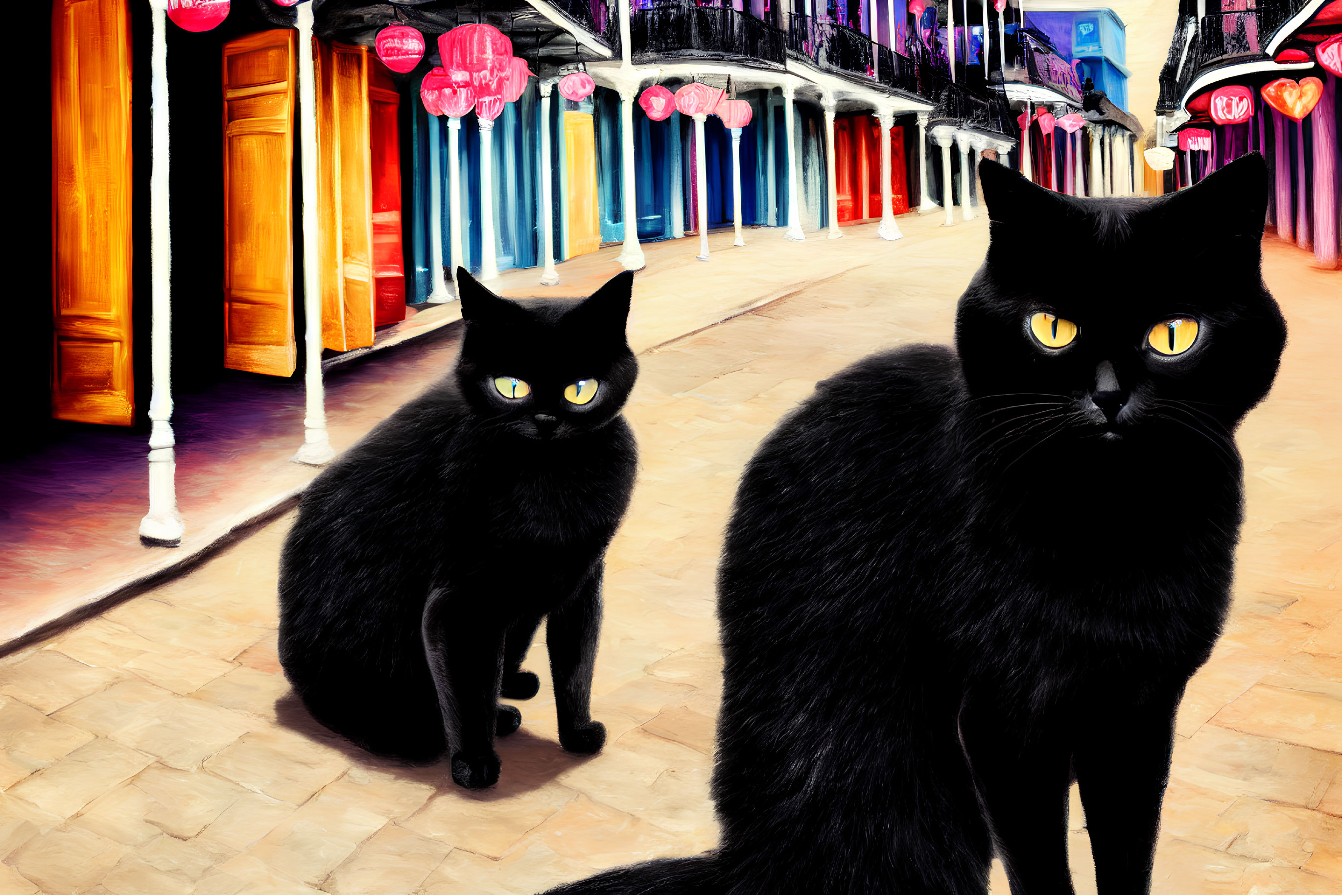 Two Black Cats with Striking Yellow Eyes in Vibrant Street Setting