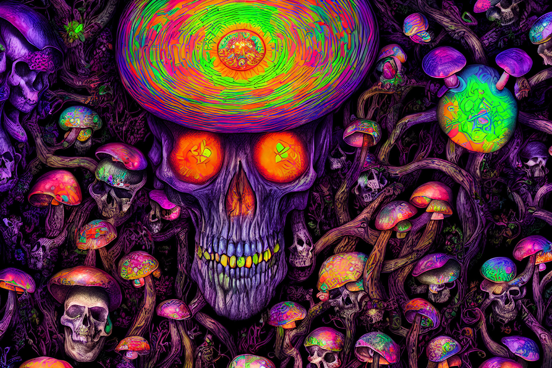 Colorful Psychedelic Artwork: Skull with Glowing Eyes & Mushrooms