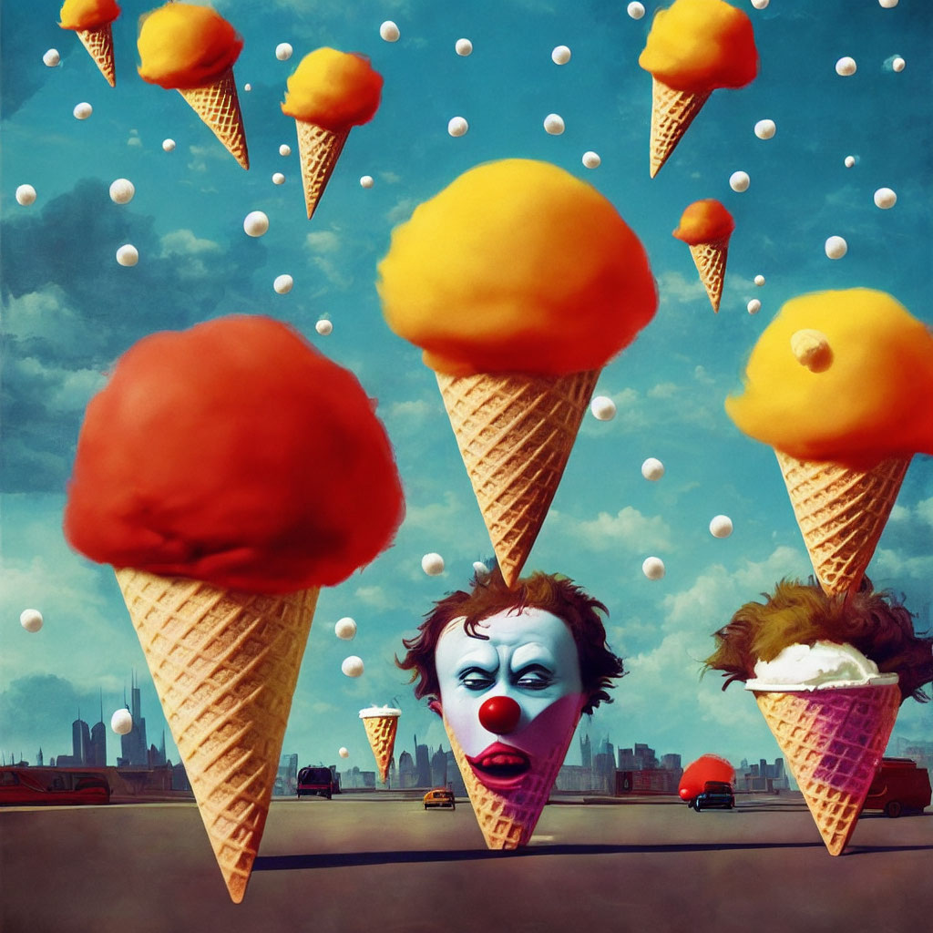 Surreal clown face on ice cream cone with floating cones, pearls, and cityscape