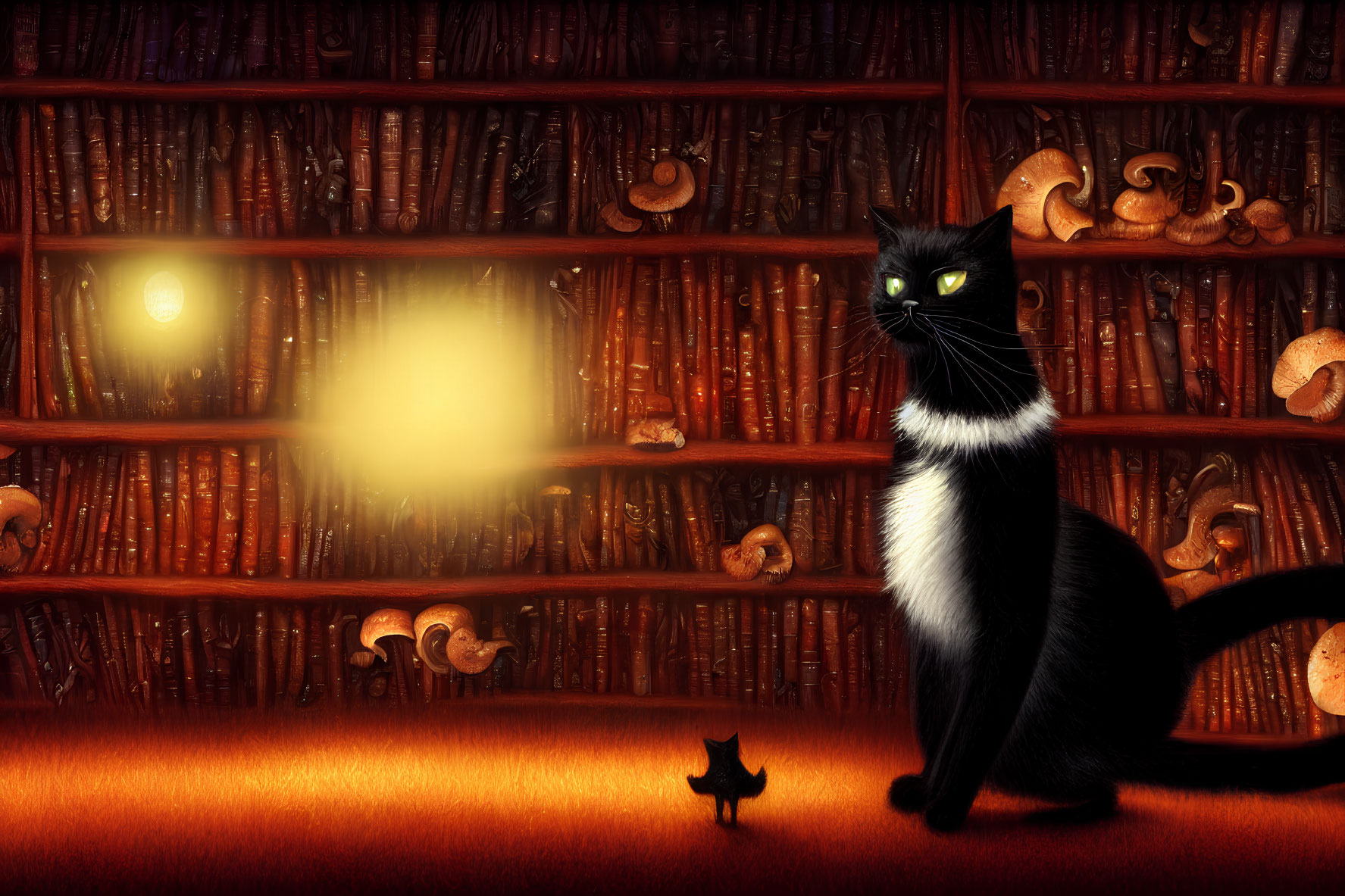 Black cat with white chest next to tiny silhouette in cozy room full of books