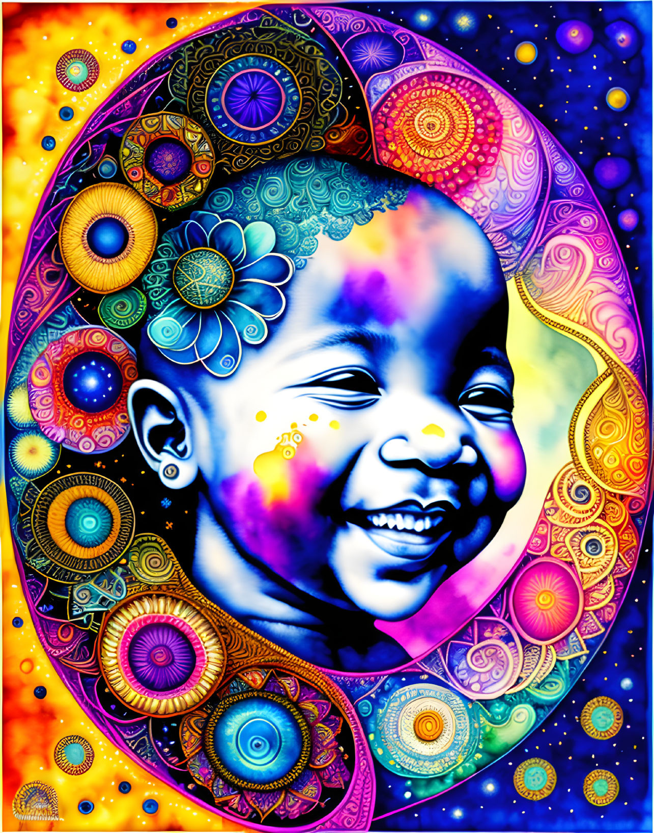 Colorful painting of smiling child with painted face amidst intricate psychedelic pattern