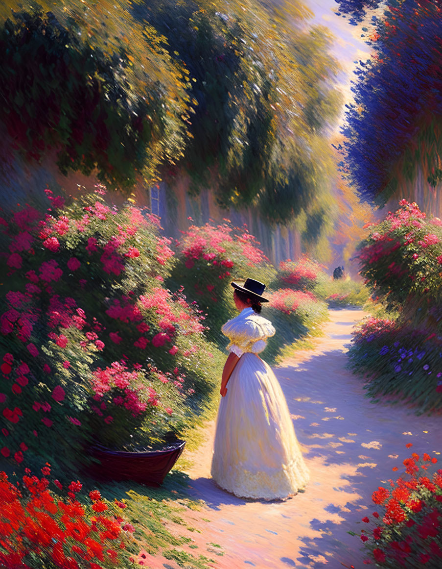 Vintage-dressed woman walking on flower-lined path in sunlight