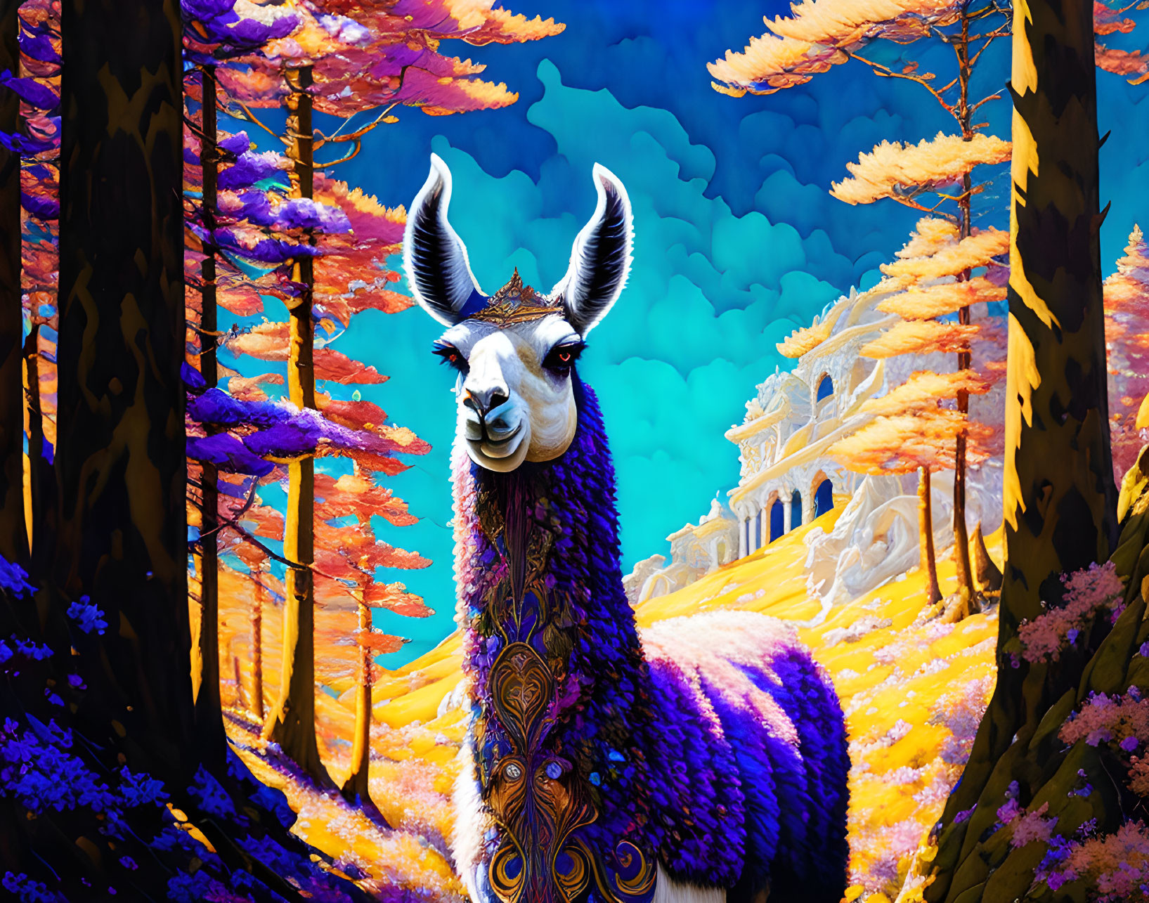 Colorful Stylized Llama in Forest with Temple