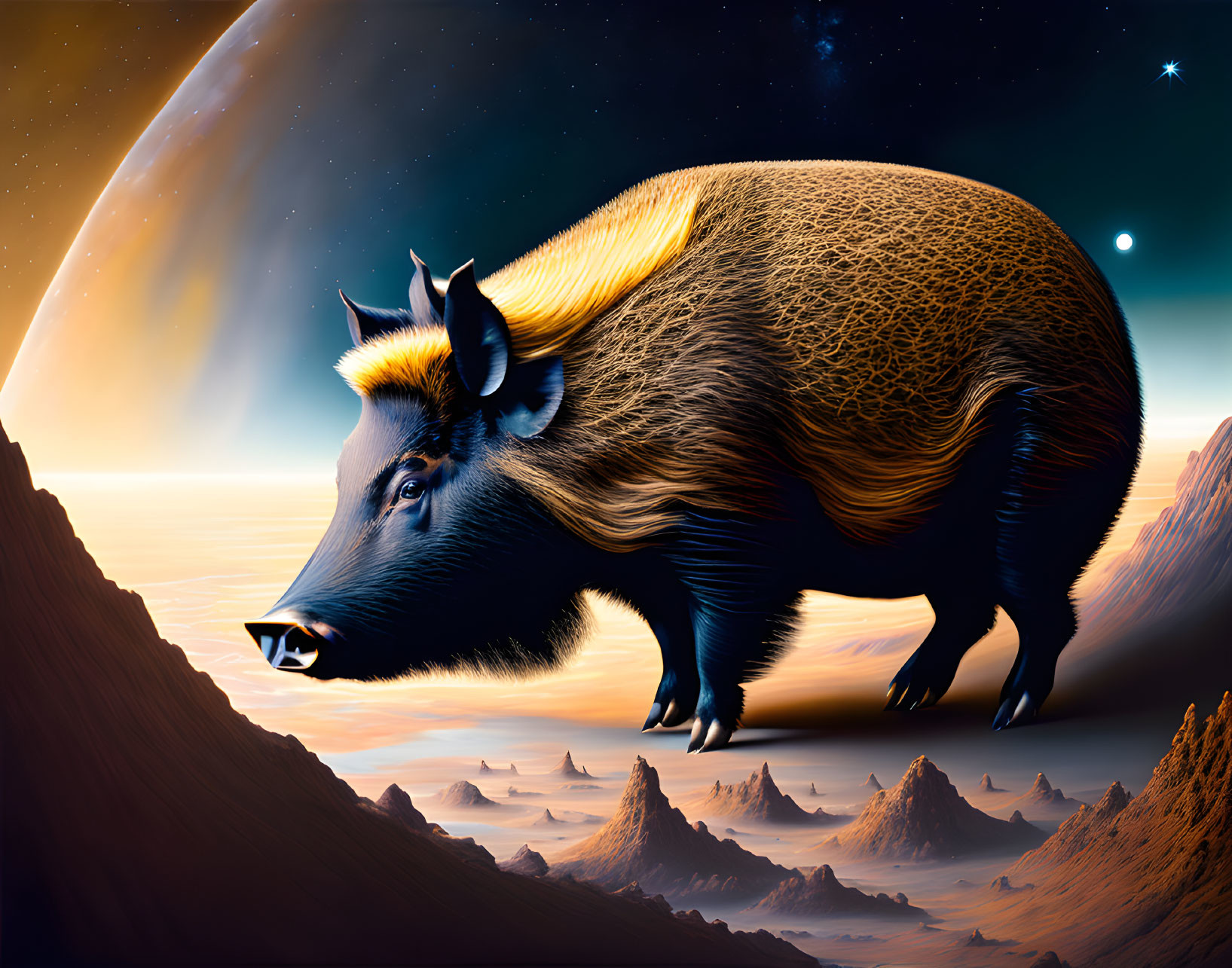 Giant boar on alien landscape with comet in starry sky