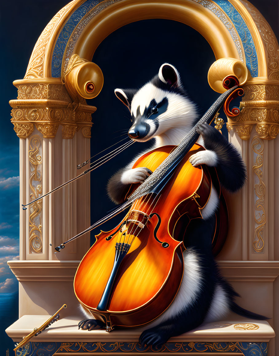 Anthropomorphic badger playing cello near ornate archway