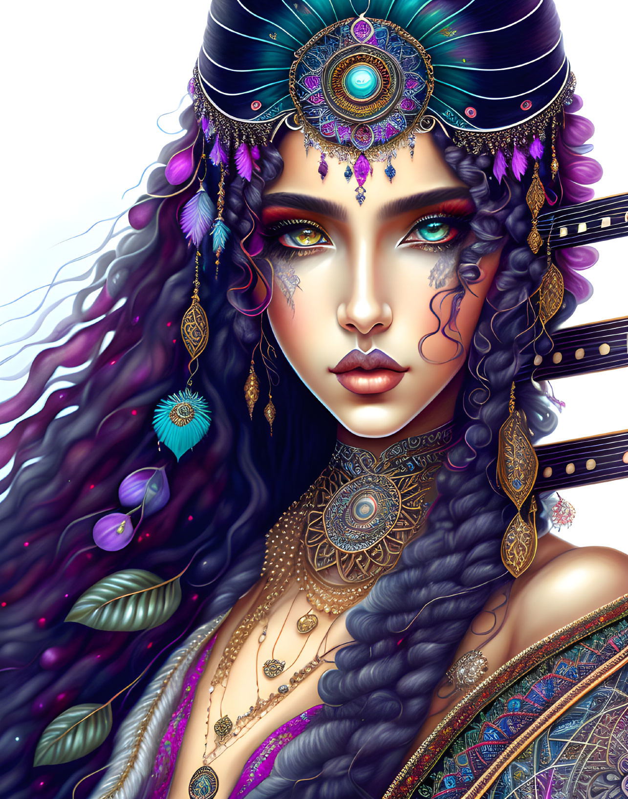 Detailed Bohemian Style Woman Illustration with Purple Hair & Intricate Jewelry