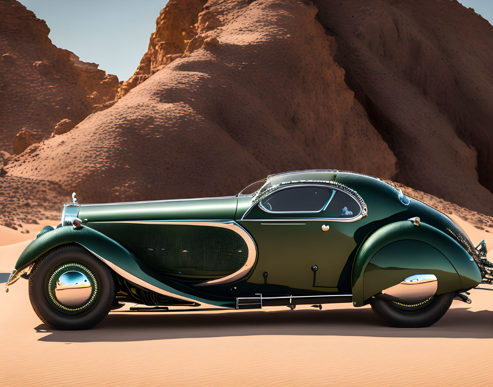 Vintage Green Car Parked in Desert Sands with Dunes and Clear Sky