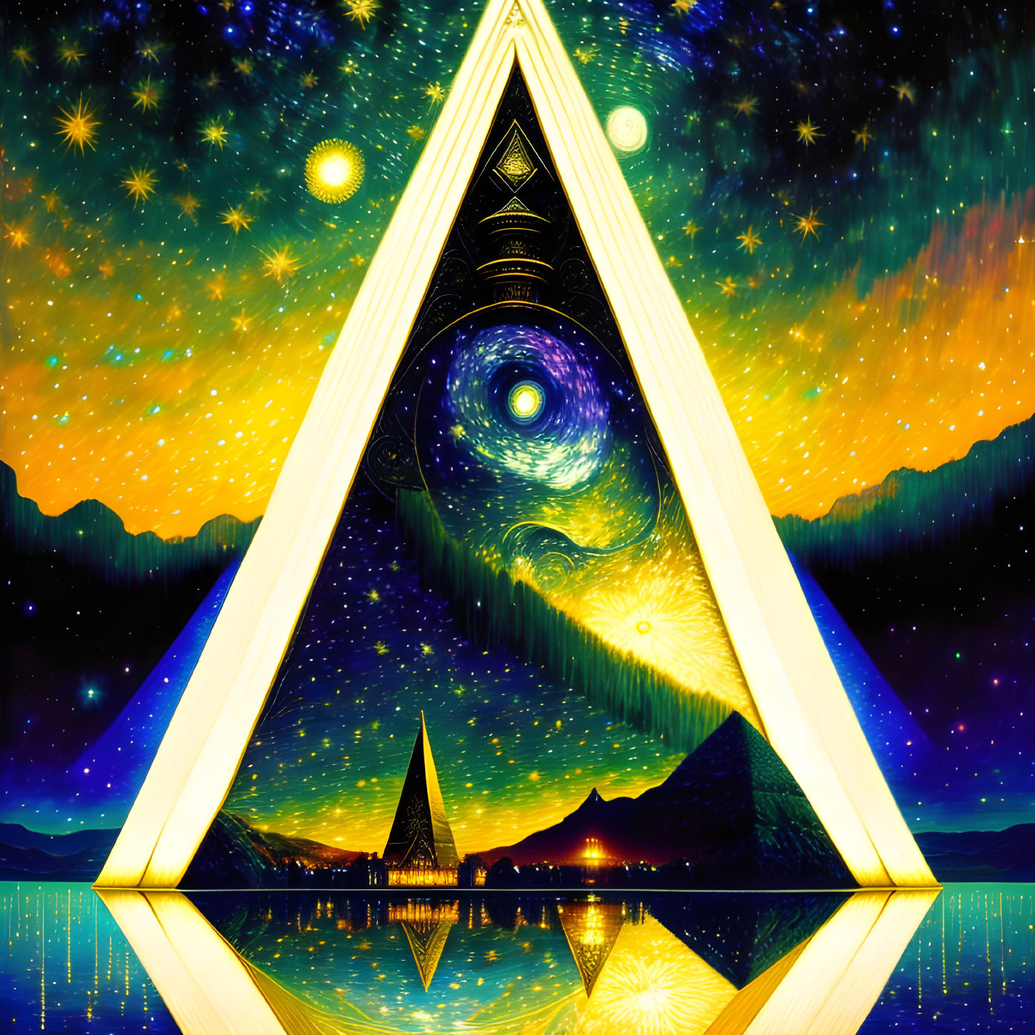 Digital artwork: Eye in pyramid, cosmic landscapes, mountains, stars, galaxies, serene water.