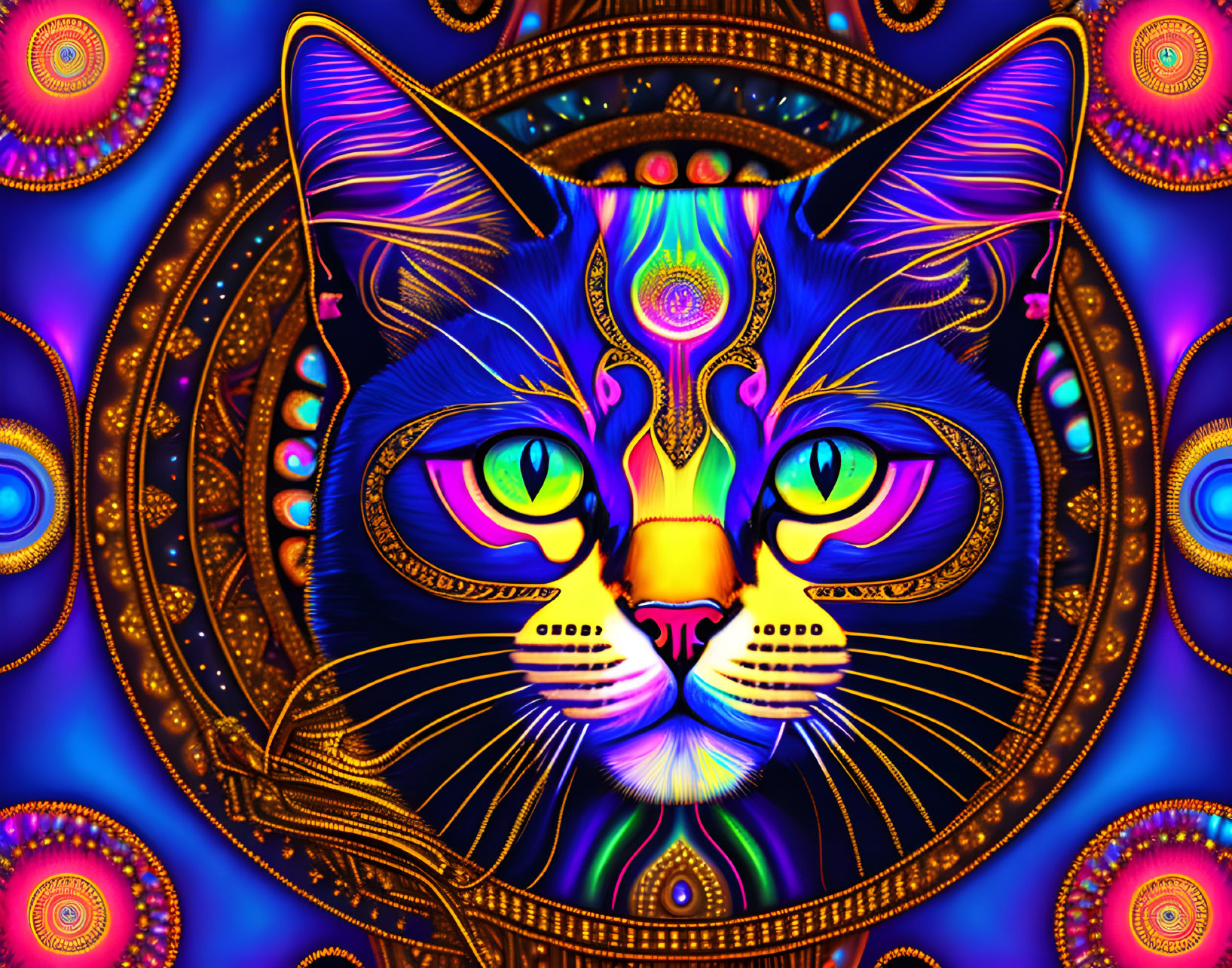 Colorful Psychedelic Cat Artwork with Mandala Designs