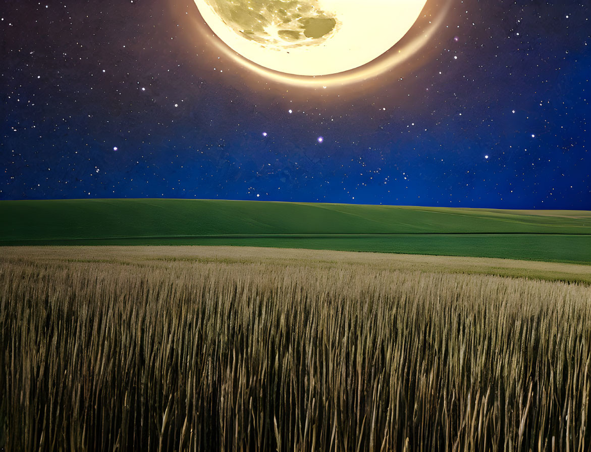 Surreal Night Landscape with Glowing Moon & Starry Sky