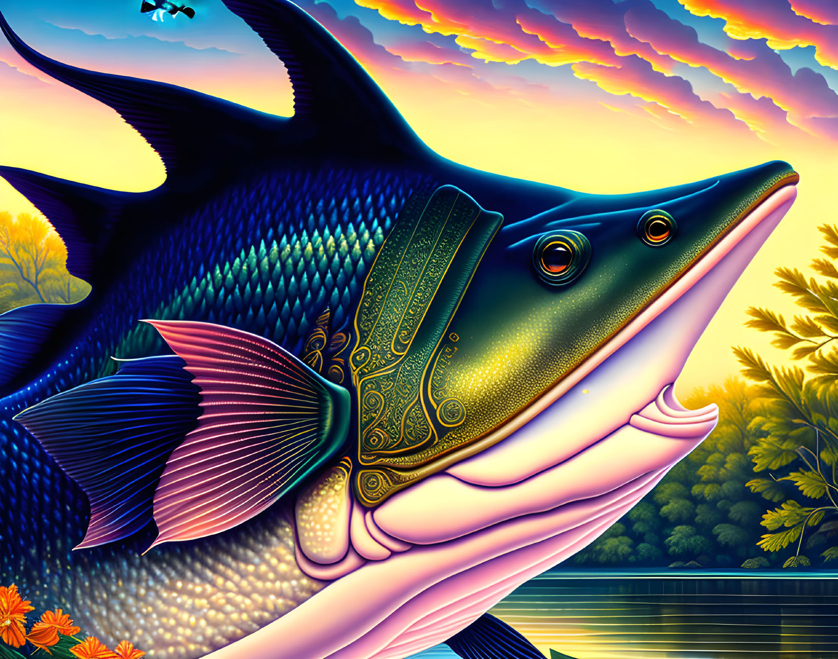 Colorful Stylized Illustration of Large Fish in Surreal Tropical Setting