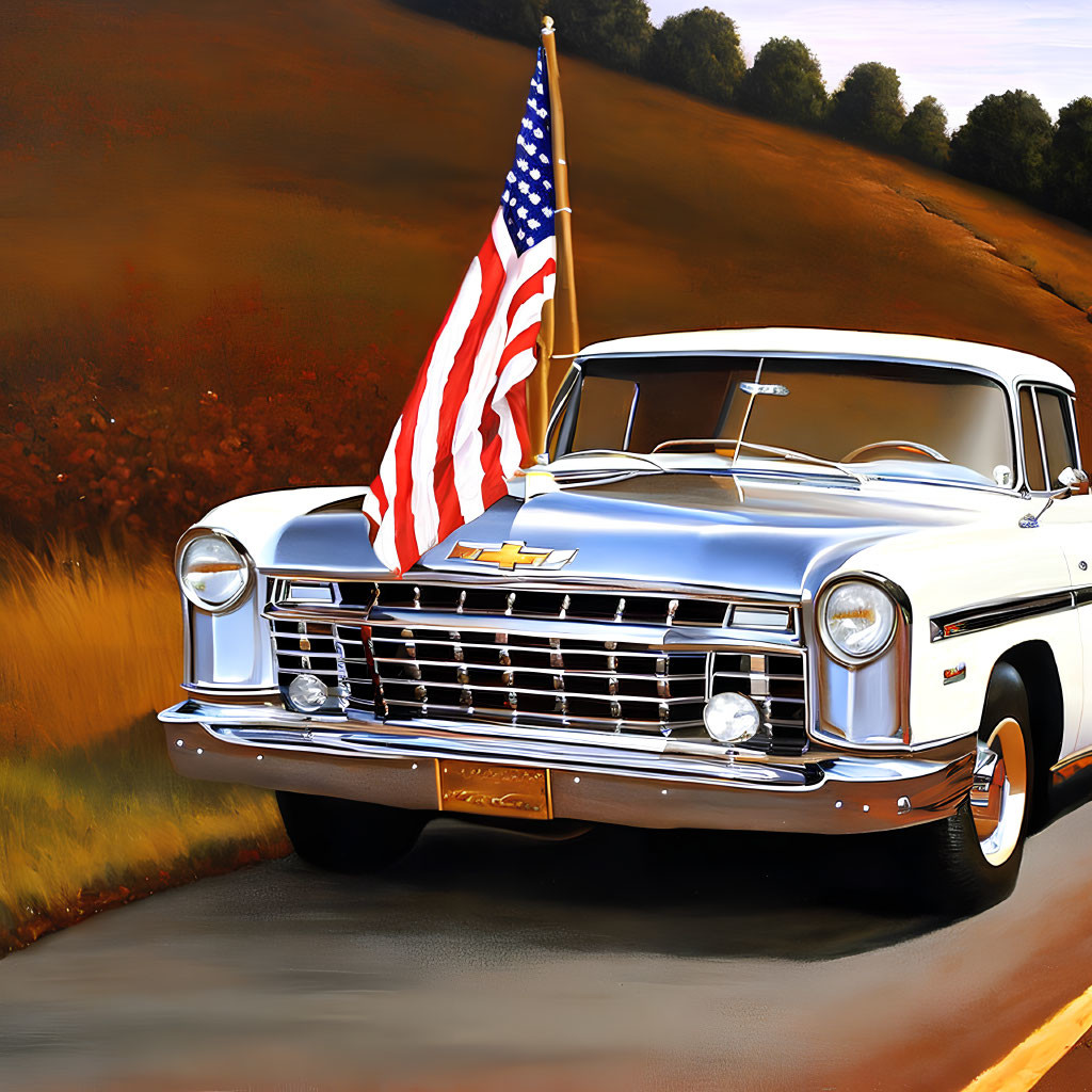 Classic Chevrolet Car with American Flag on Roadside