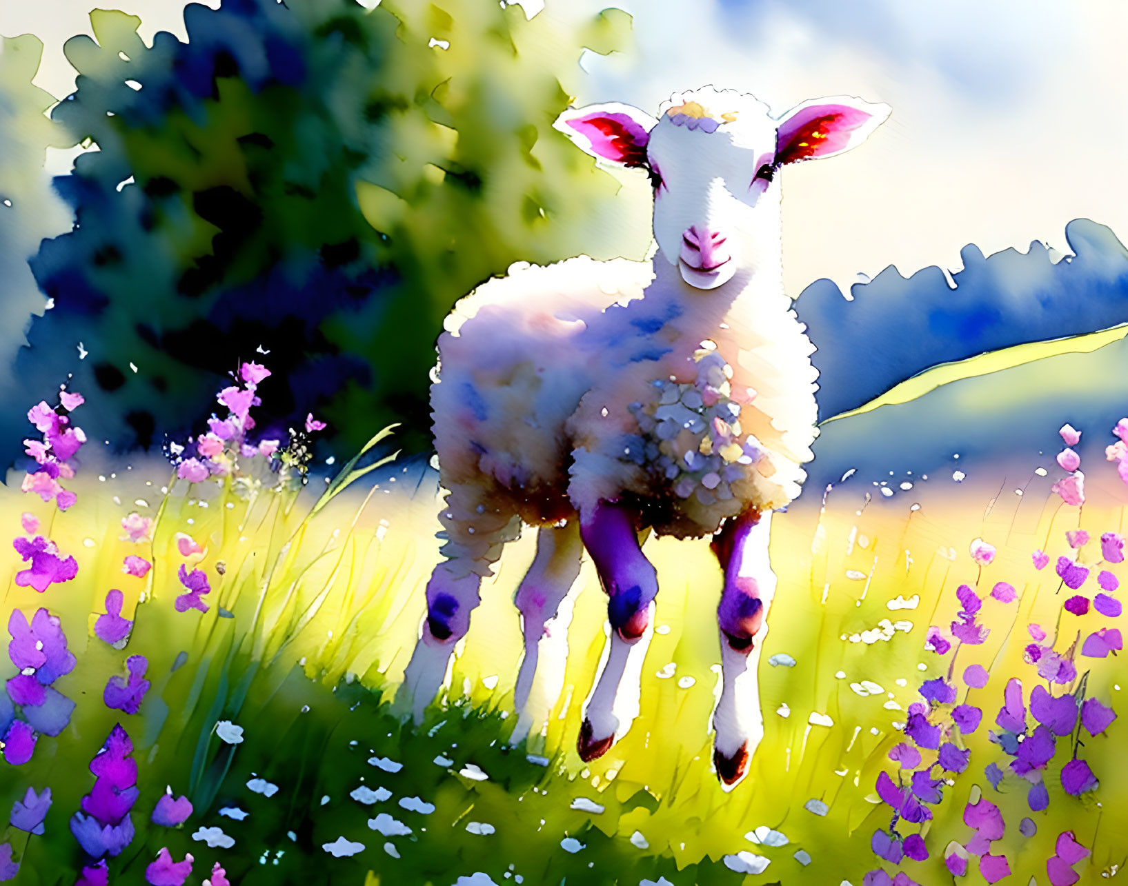 Vibrant watercolor illustration: young lamb in sunny meadow