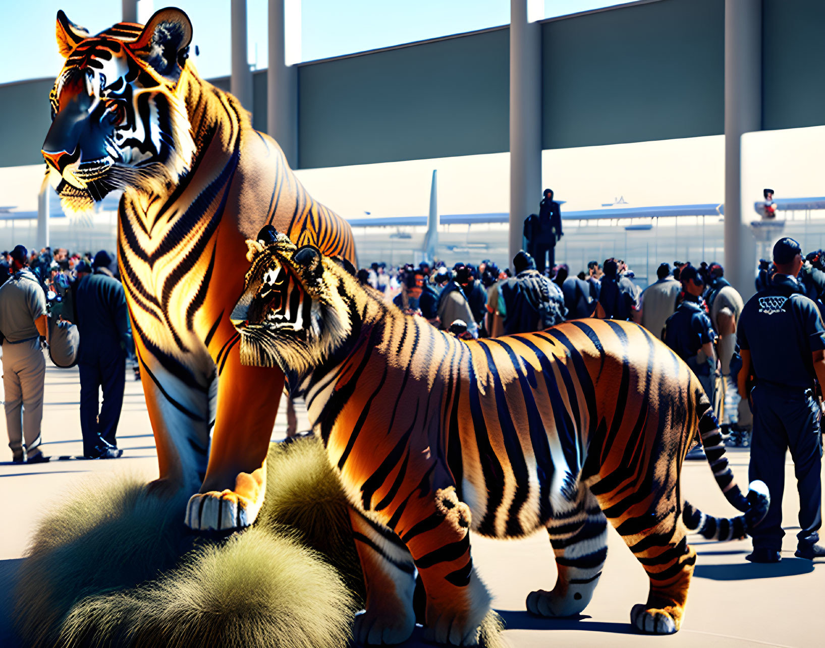 Hyper-realistic illustration: Two giant tigers in airport terminal with onlookers