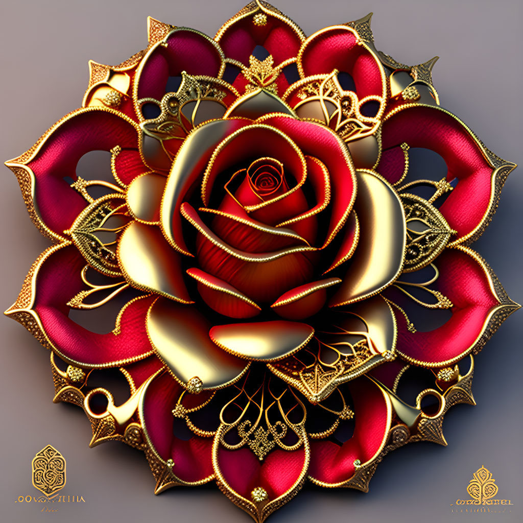 Intricate red and gold mandala with central rose design