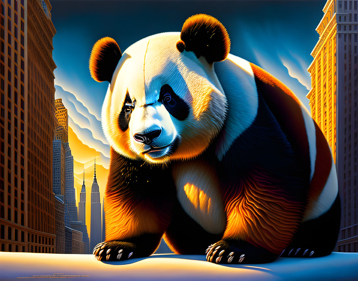 Colorful Giant Panda Artwork with Cityscape Background