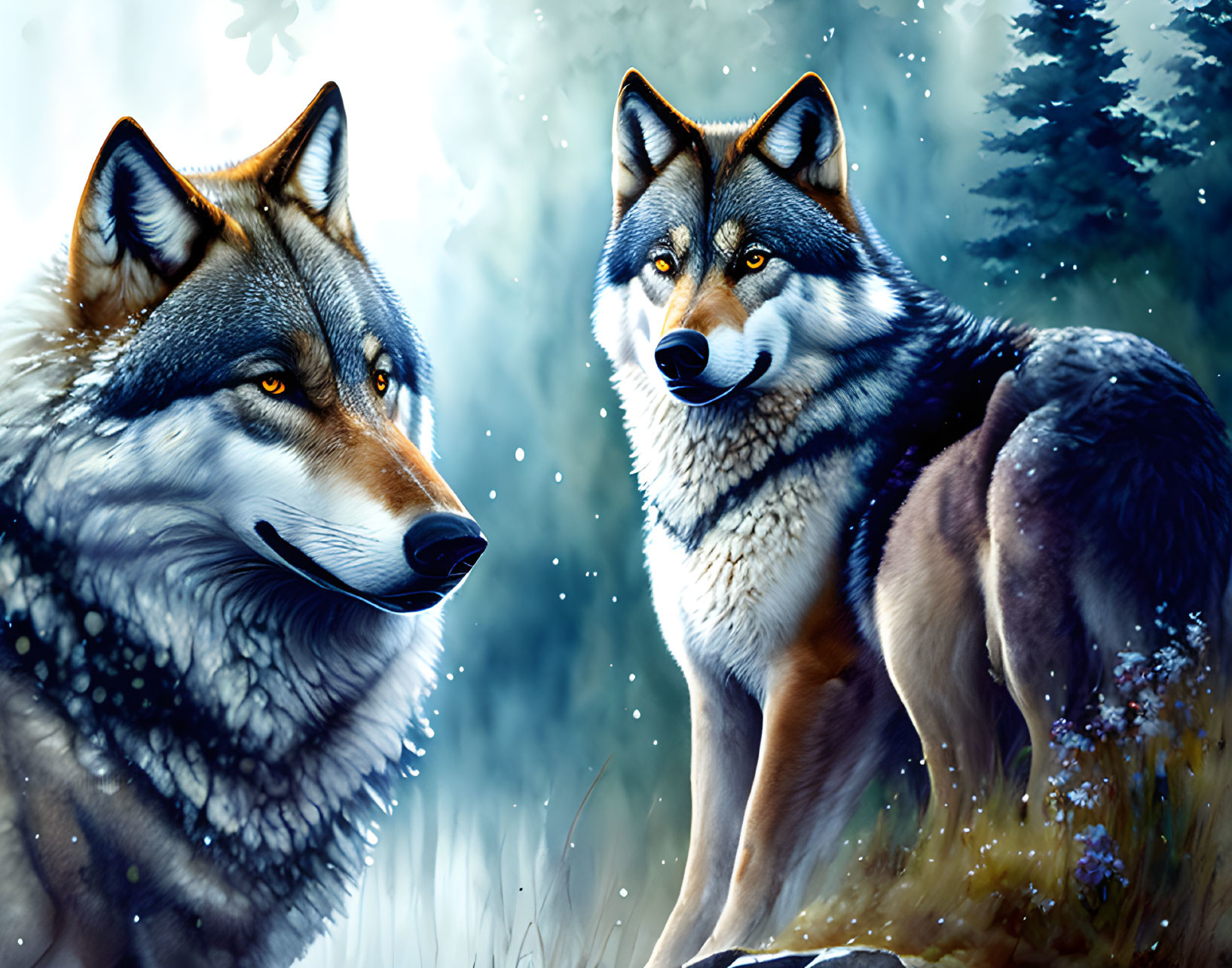 Mystical forest scene with two wolves and falling snowflakes