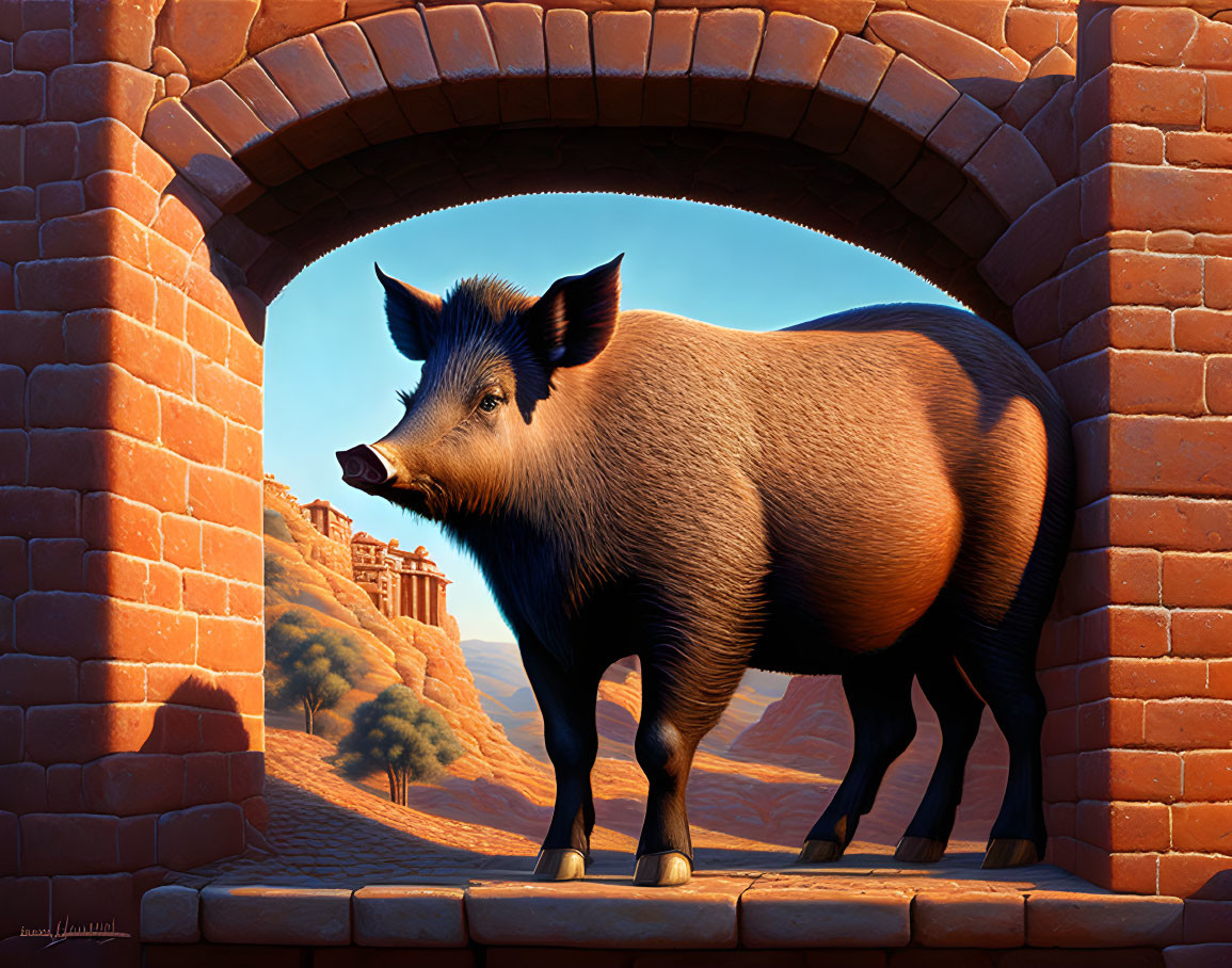 Digital illustration of wild pig in arched brick doorway with desert town backdrop