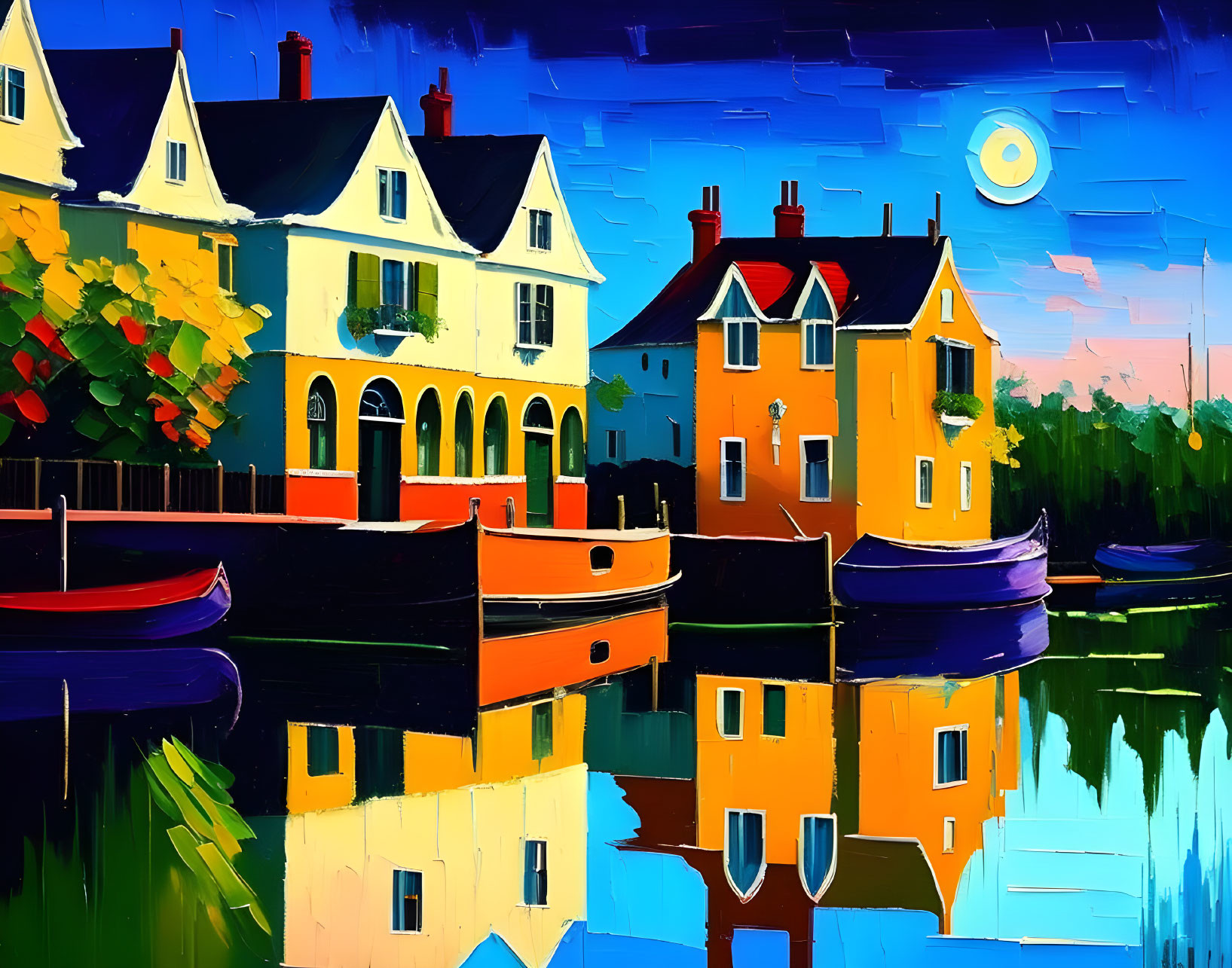 Vibrant riverside houses and boats reflected under moonlit sky