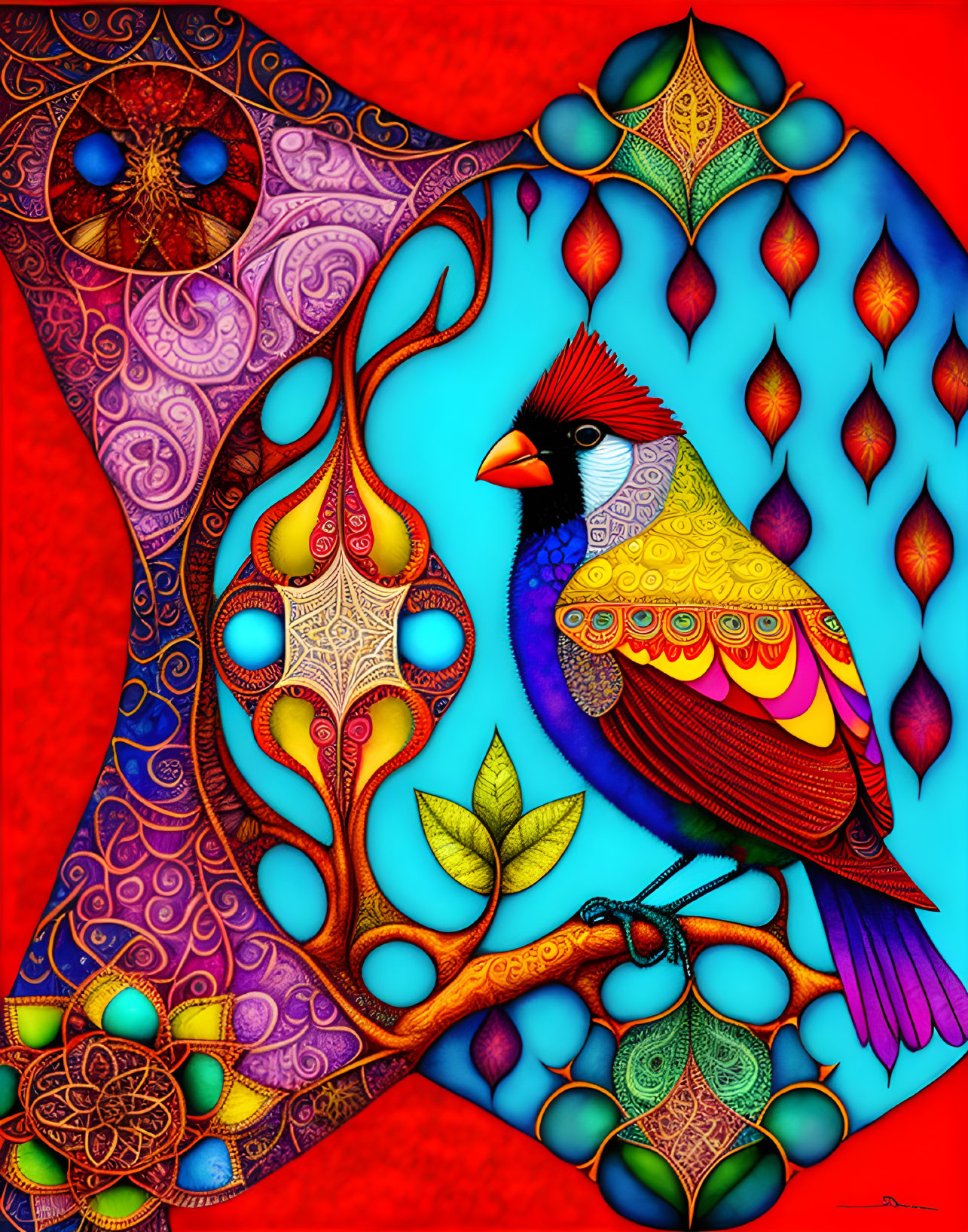 Colorful Stylized Bird Artwork with Bold Patterns and Abstract Background