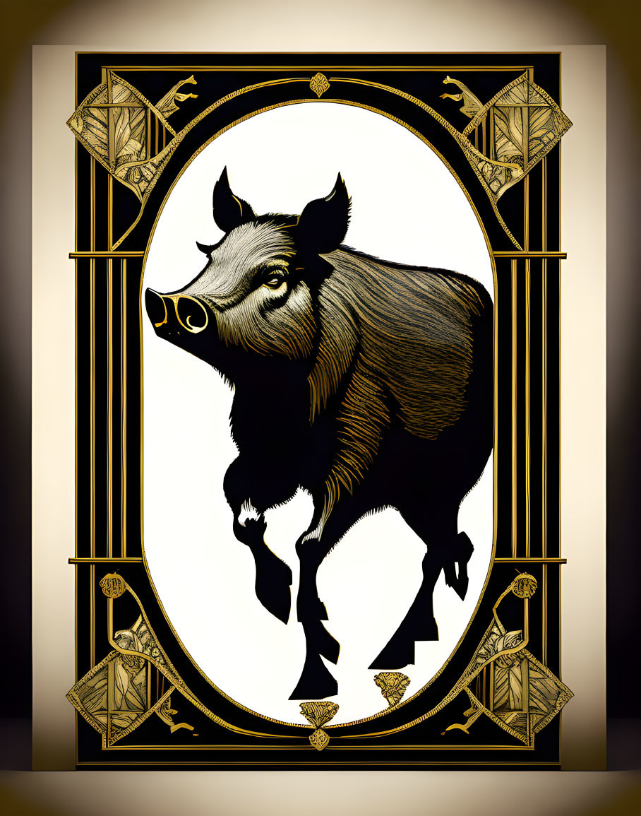 Boar illustration in ornate art deco oval frame on beige gradient background