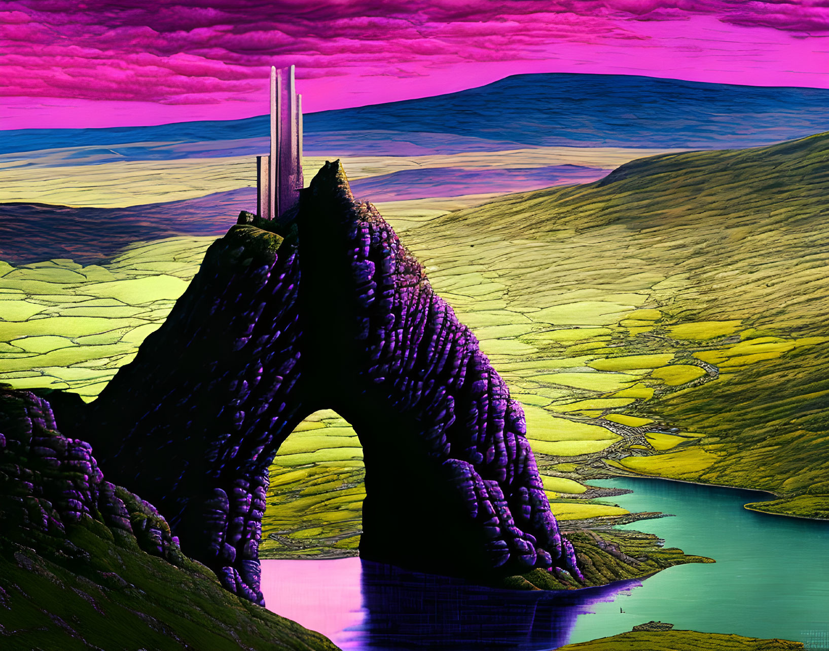 Colorful landscape with pink sky, rock formation, futuristic tower, hills, and river.