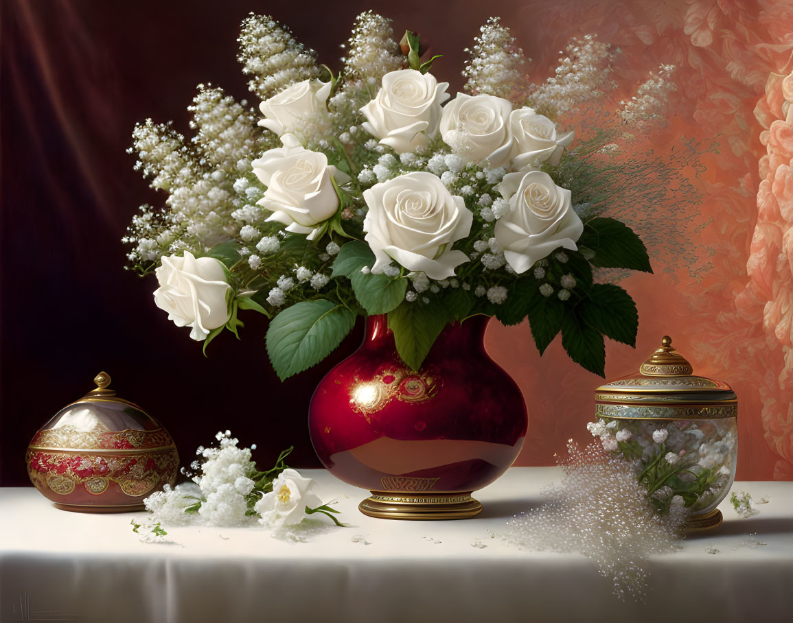 White Roses in Red Vase with Baby's Breath and Gold Containers