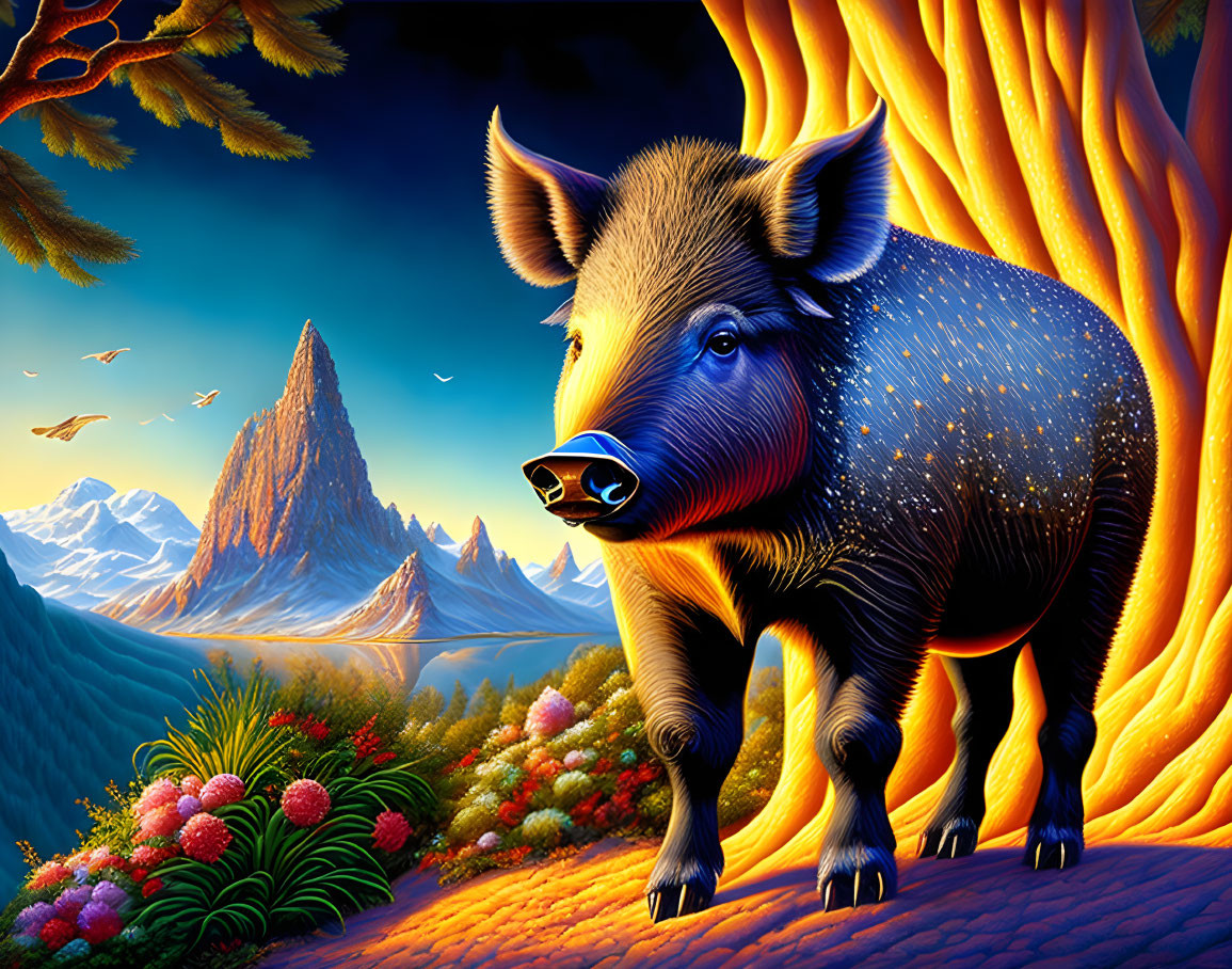 Wild pig in vibrant forest with mountain landscape at dusk