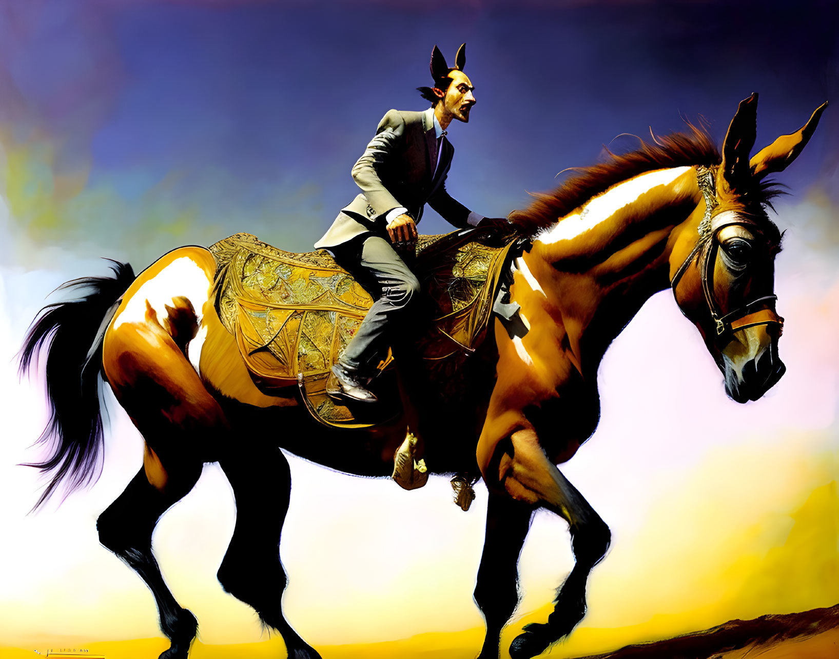 Colorful surreal illustration: Person in suit on horse with exaggerated saddle