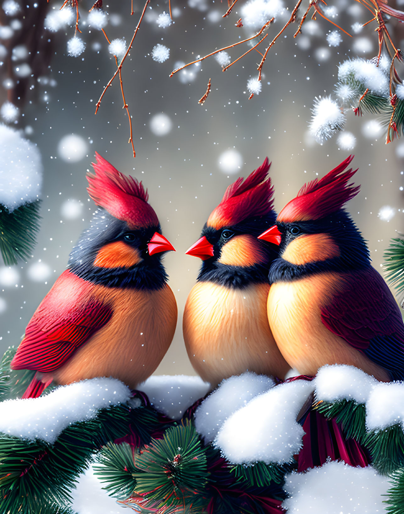 Vibrant cardinals on snowy branches in wintry scene