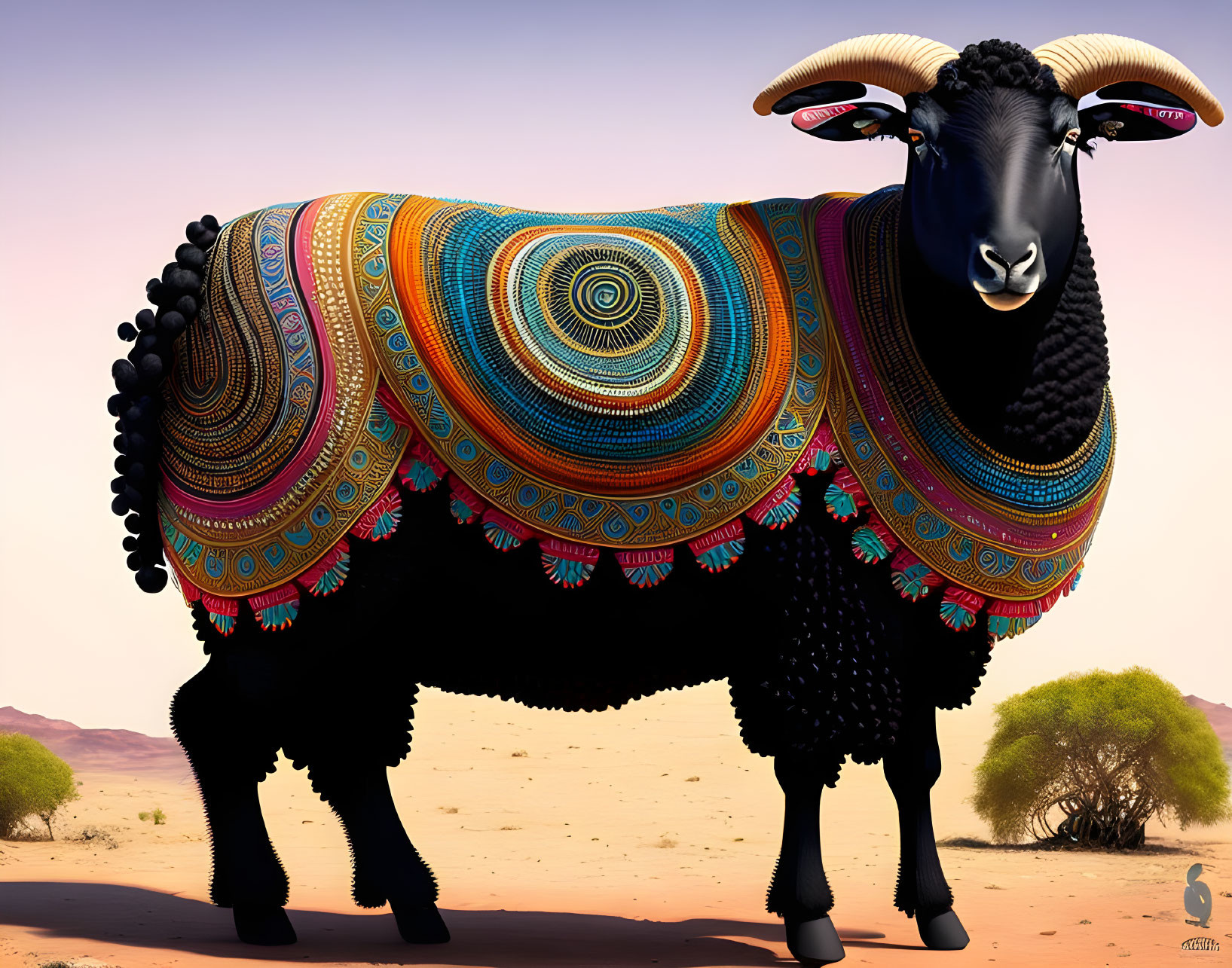 Colorful circular patterned sheep in desert landscape