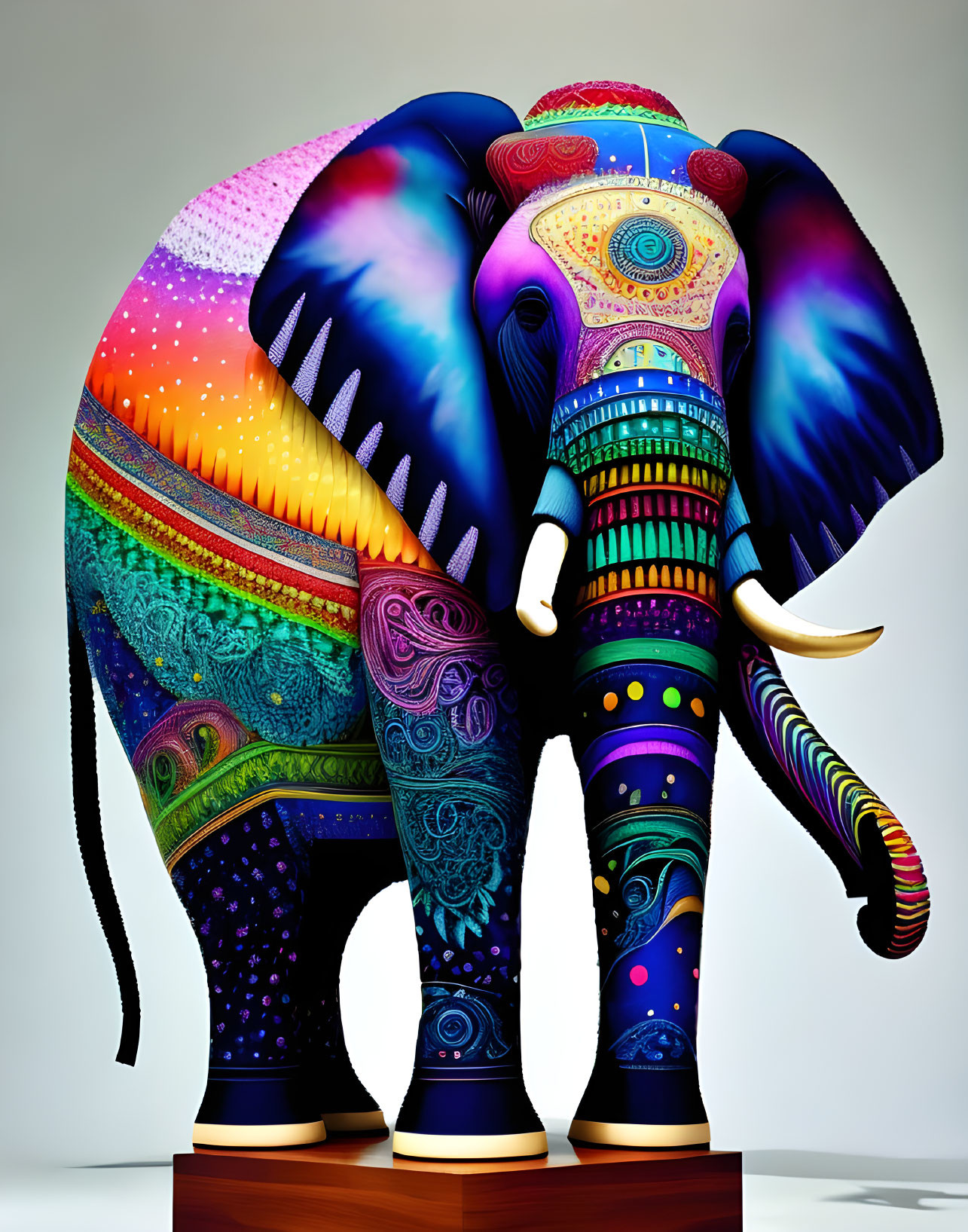 Vibrant digital artwork: Elephant with cosmic patterns on neutral background