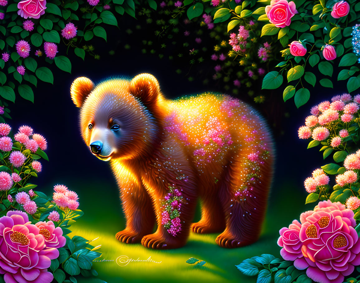 Glowing fairy bear amidst roses and greenery on dark background