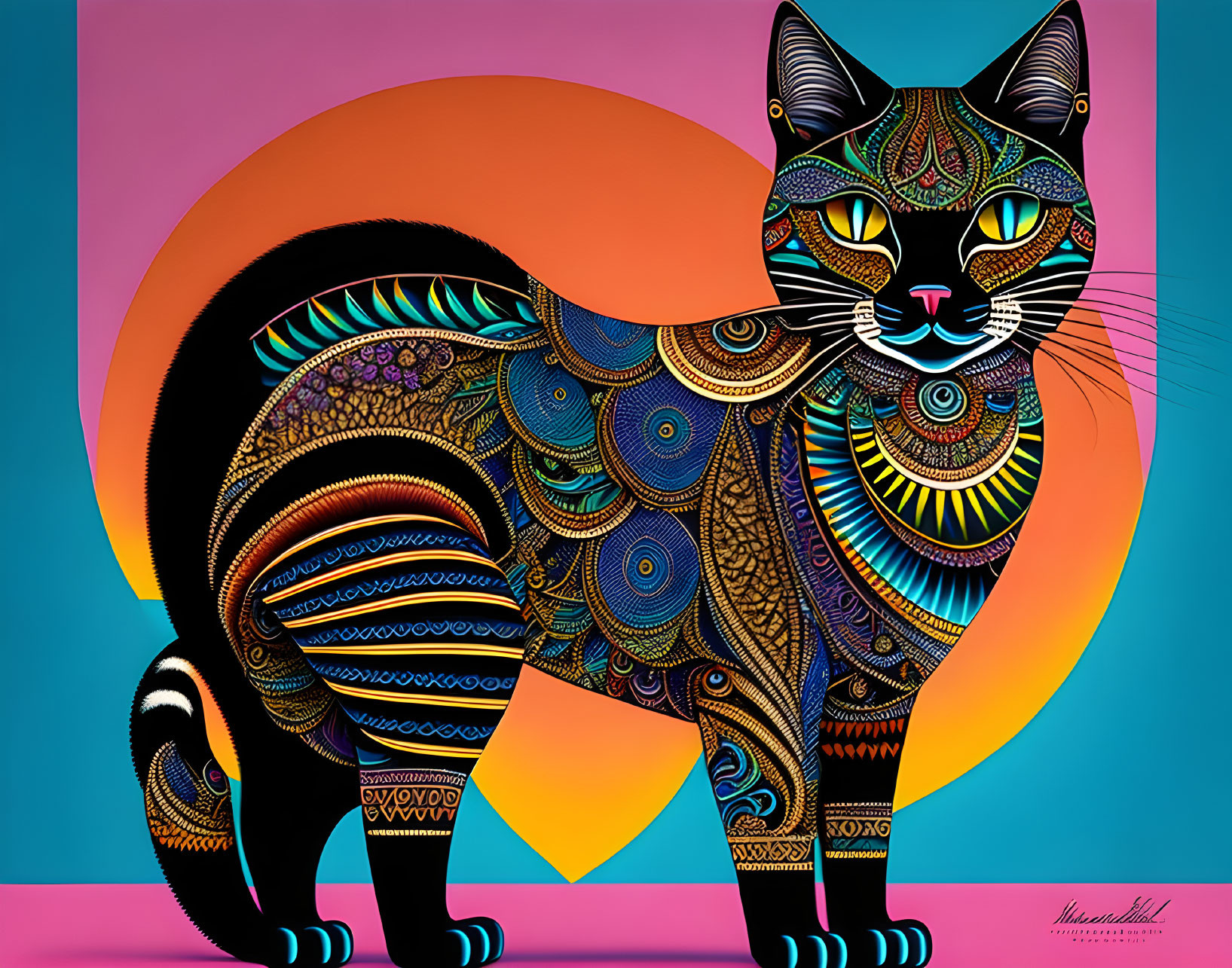 Colorful Stylized Cat Illustration with Geometric Background