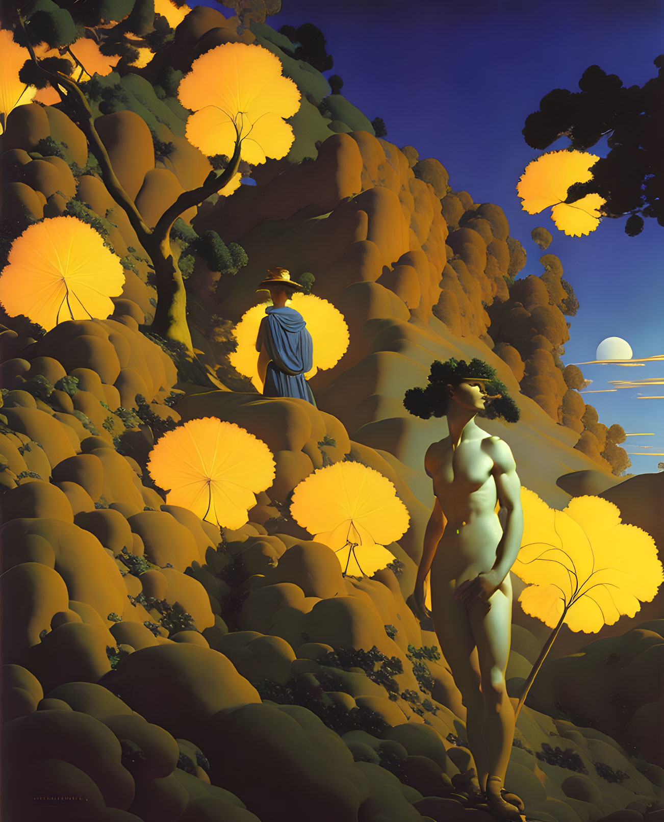 Surrealist painting of nude figure and cloaked person in golden tree landscape