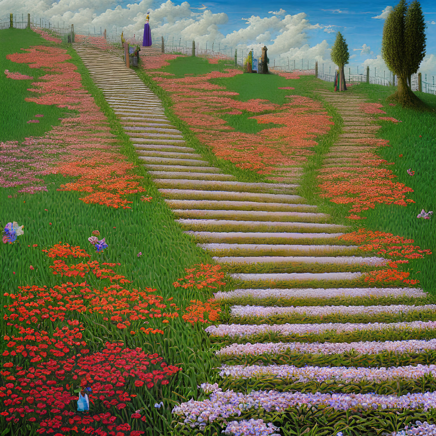 Colorful painting of stone paths through flower-covered landscape