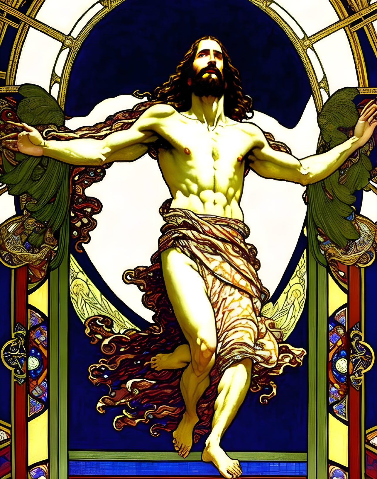 Illustration of man with long hair and beard, arms outstretched, flanked by two angels