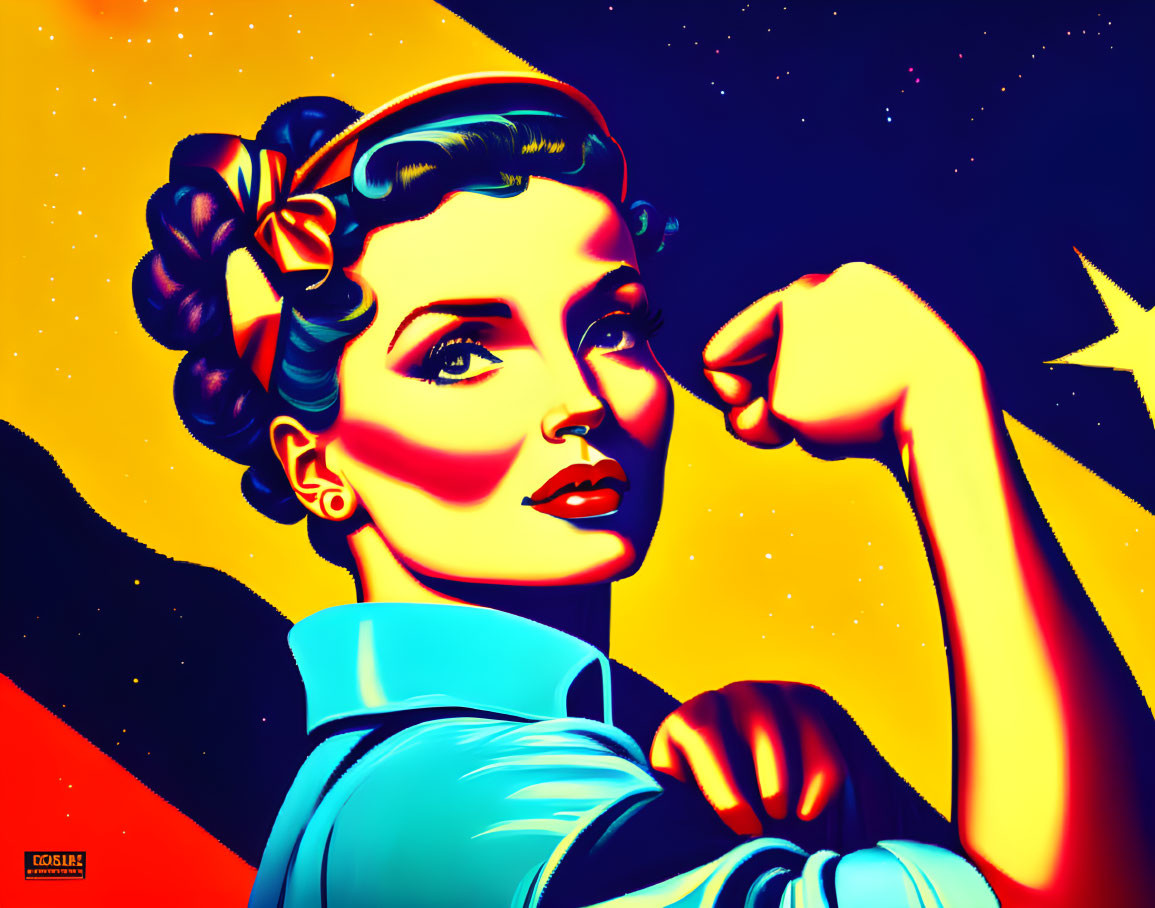 Colorful Retro Illustration of Strong Woman with Raised Fist